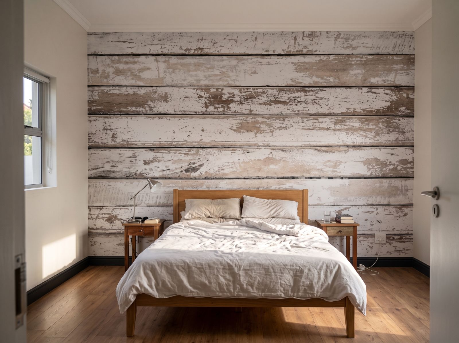 Mural White Wood Planks 3 Wallpaper and Wall Murals South Africa Mural White Wood Planks shown in a bedroom
