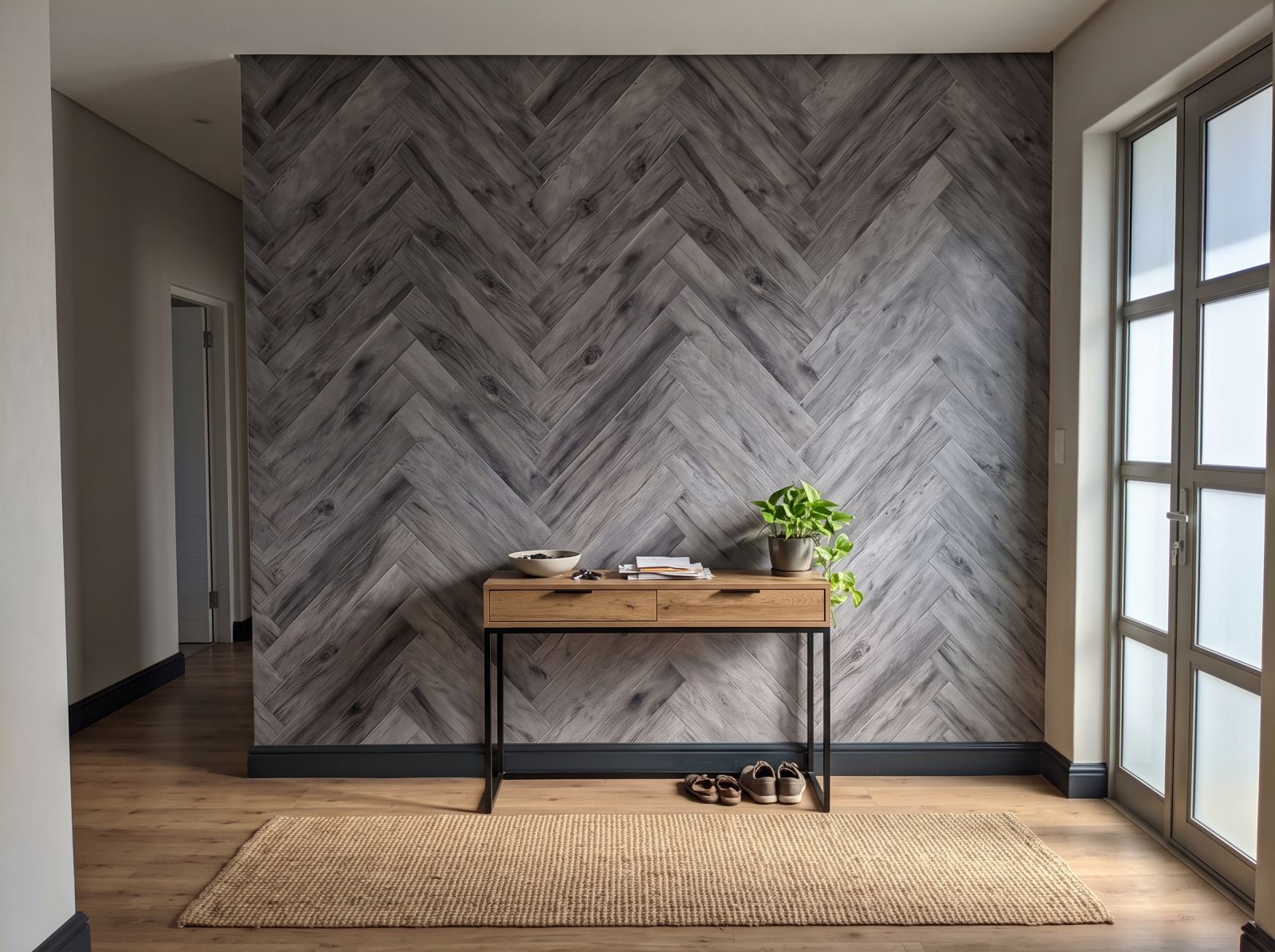 Mural Cinereal Herringbone 3 Wallpaper and Wall Murals South Africa Mural Cinereal Herringbone shown in a hallway