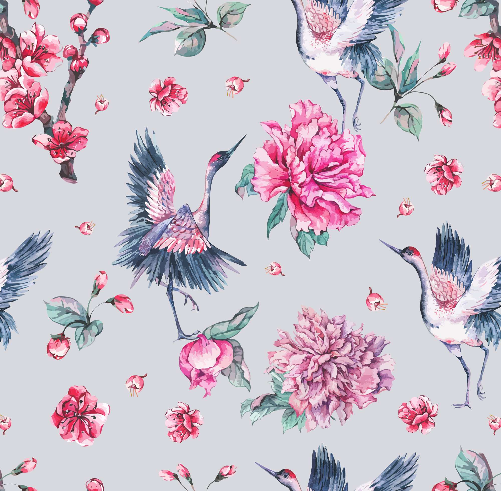 Flushing Cranes Wallpaper 2 Wallpaper and Wall Murals South Africa Flushing Cranes Wallpaper, cranes and peonies in pink, grey and blue wallpaper - WallpaperOnline