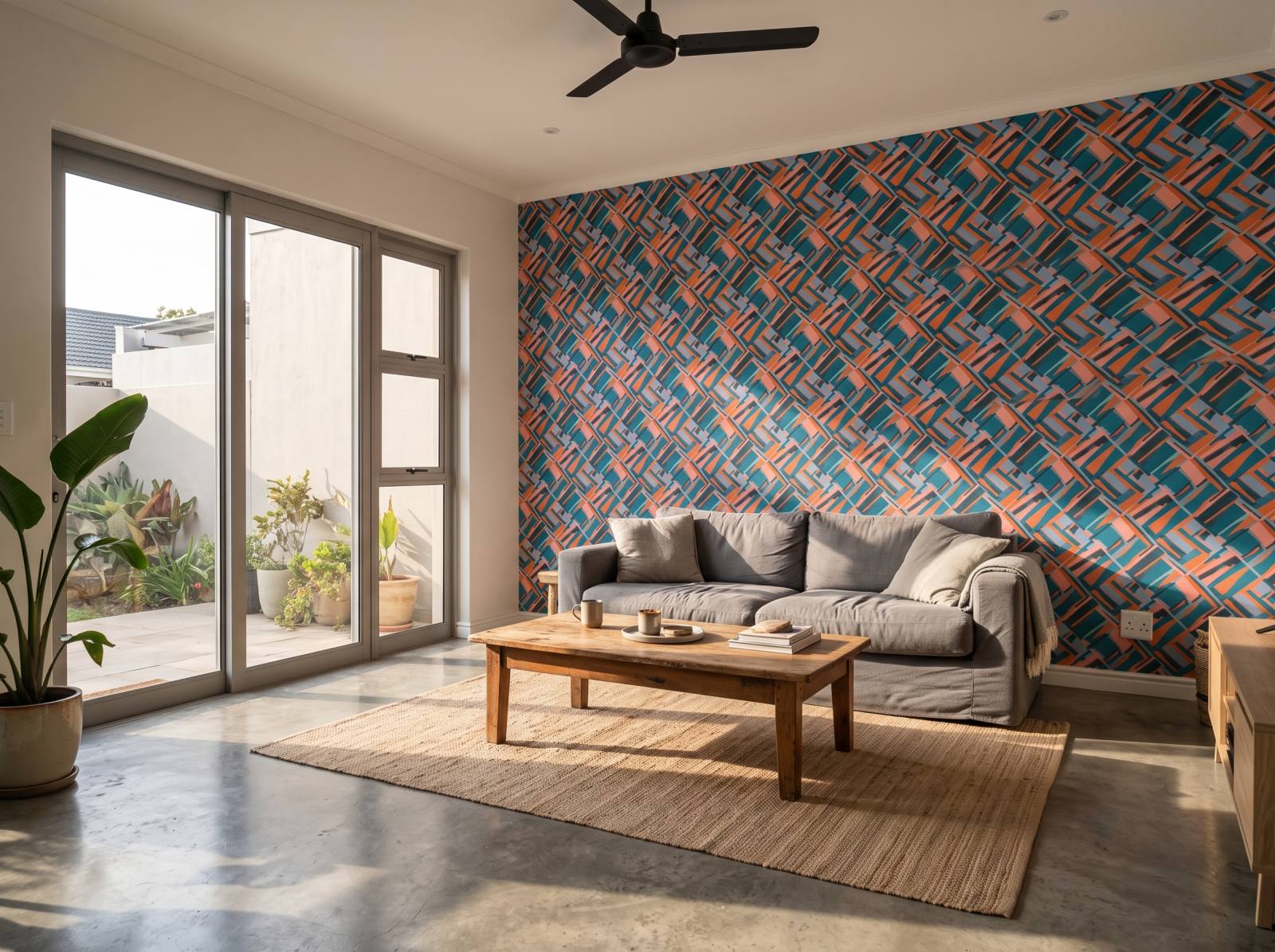 Tranquil Teal Oasis Wallpaper 1 Wallpaper and Wall Murals South Africa Tranquil Teal Oasis Wallpaper shown in a living room