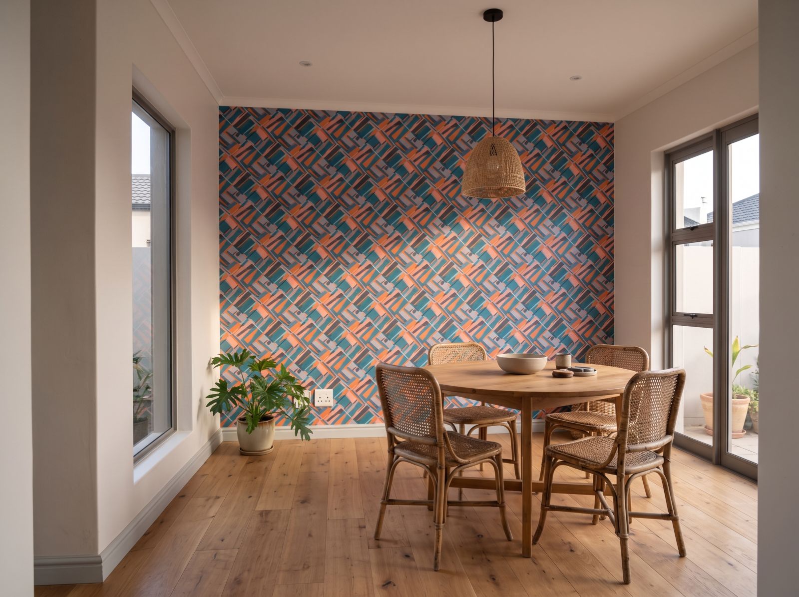 Tranquil Teal Oasis Wallpaper 3 Wallpaper and Wall Murals South Africa Tranquil Teal Oasis Wallpaper shown in a dining room