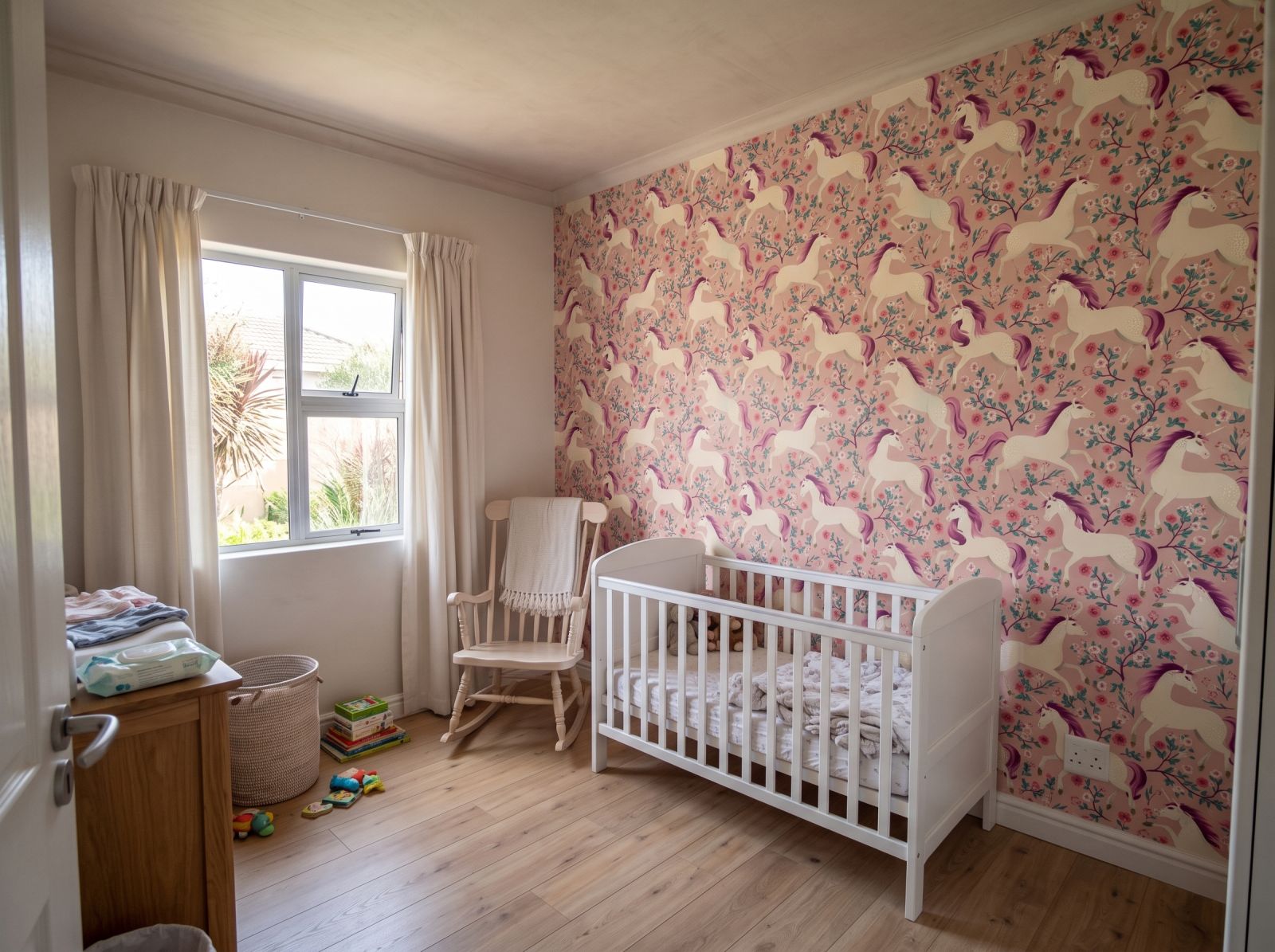 Unicorn Rose in Pink Wallpaper 1 Wallpaper and Wall Murals South Africa Unicorn Rose in Pink Wallpaper shown in a nursery