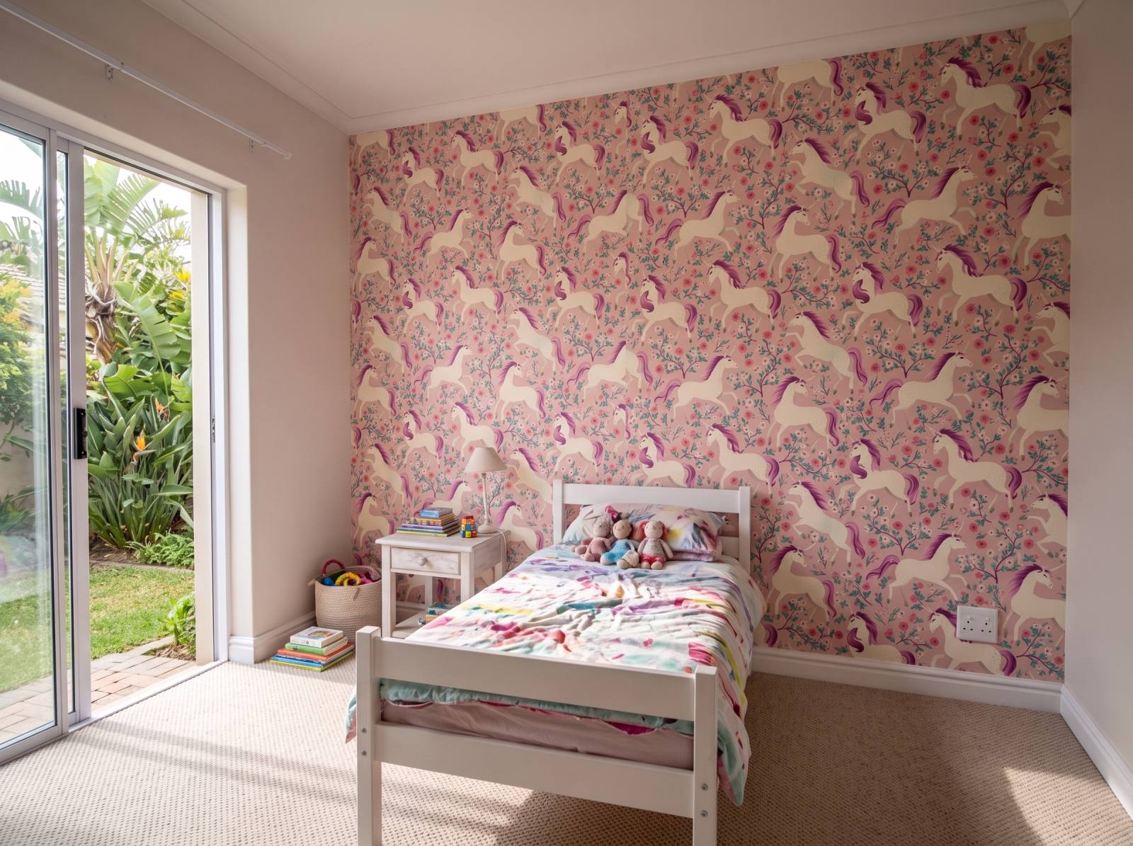 Unicorn Rose in Pink Wallpaper 3 Wallpaper and Wall Murals South Africa Unicorn Rose in Pink Wallpaper shown in a bedroom