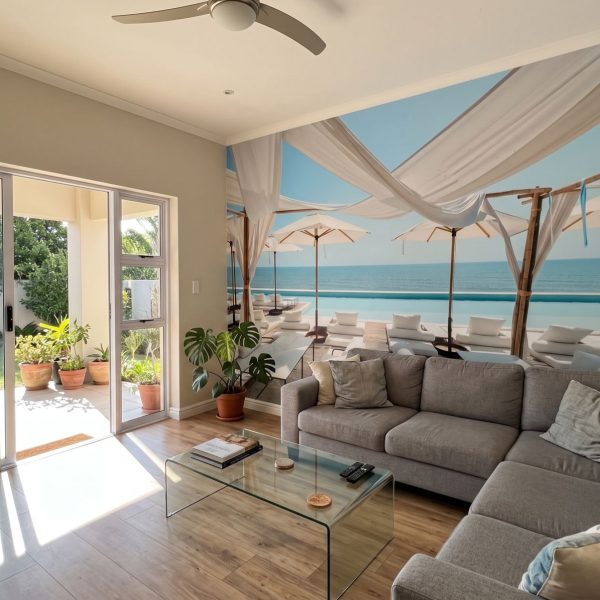 Mural Poolside Paradise shown in a living room