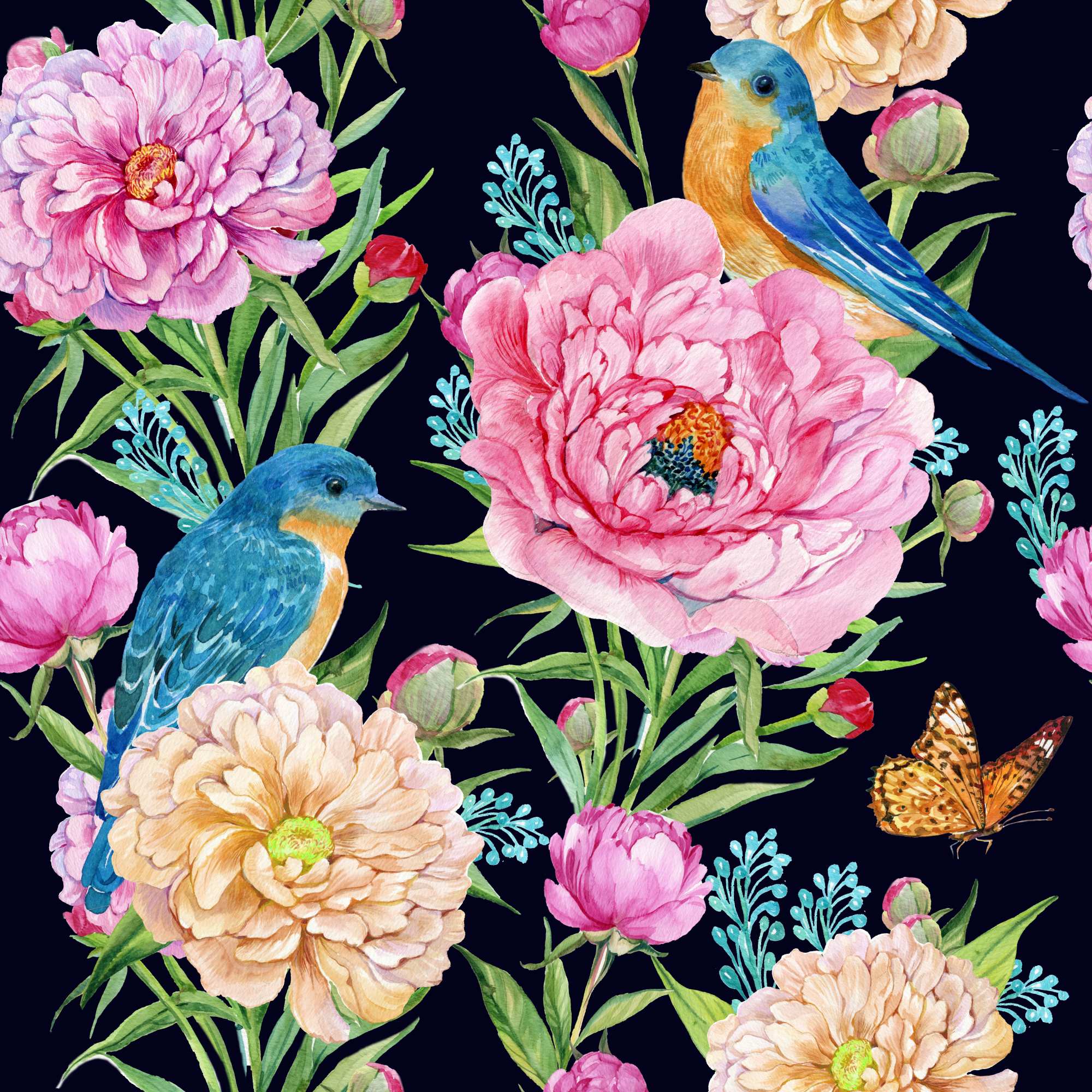 Jacaranda Sweets Wallpaper 2 Wallpaper and Wall Murals South Africa Jacaranda Sweets, peonies and bluebirds in navy, pink and peach wallpaper - WallpaperOnline