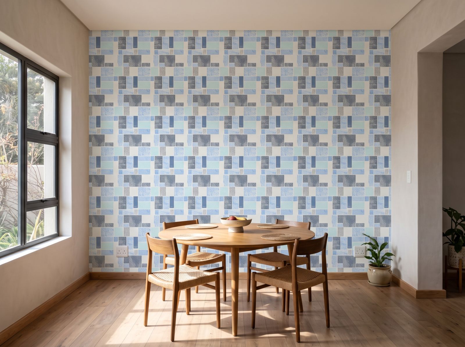 Boho Patchwork Marine Wallpaper 1 Wallpaper and Wall Murals South Africa Boho Patchwork Marine Wallpaper shown in a dining room