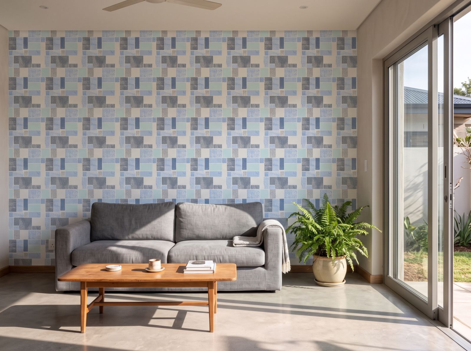 Boho Patchwork Marine Wallpaper 3 Wallpaper and Wall Murals South Africa Boho Patchwork Marine Wallpaper shown in a living room