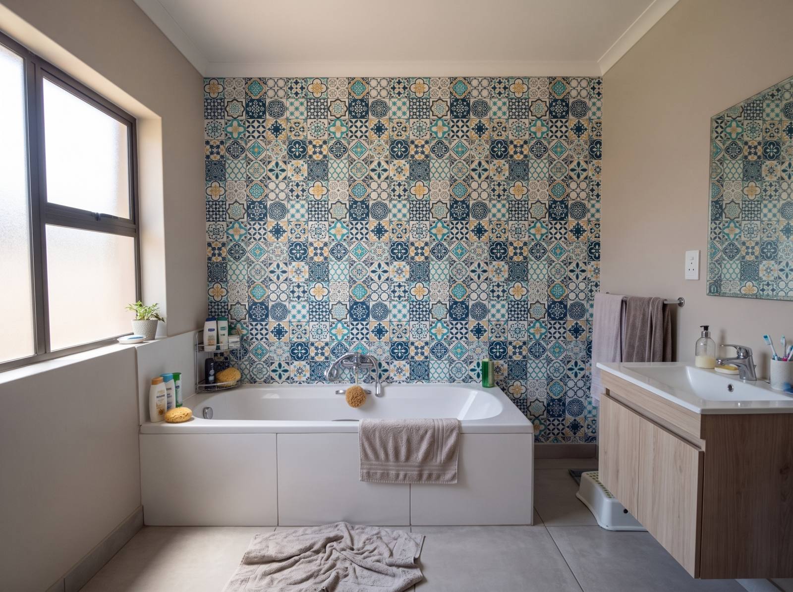 Mito Tile Wallpaper 3 Wallpaper and Wall Murals South Africa Mito Tile Wallpaper shown in a bathroom