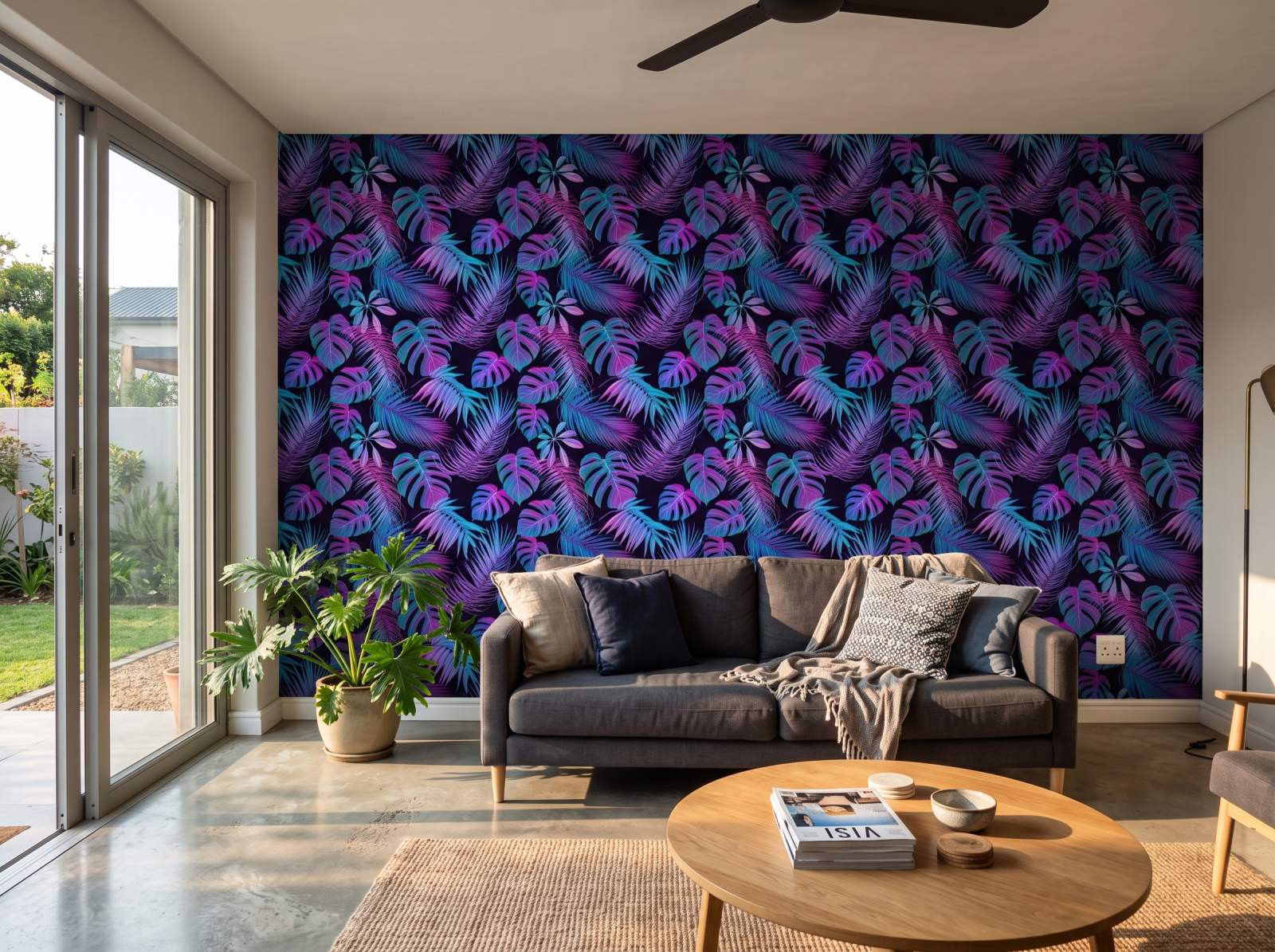 Synthwave Jungle Dark Wallpaper 1 Wallpaper and Wall Murals South Africa Synthwave Jungle Dark Wallpaper shown in a living room