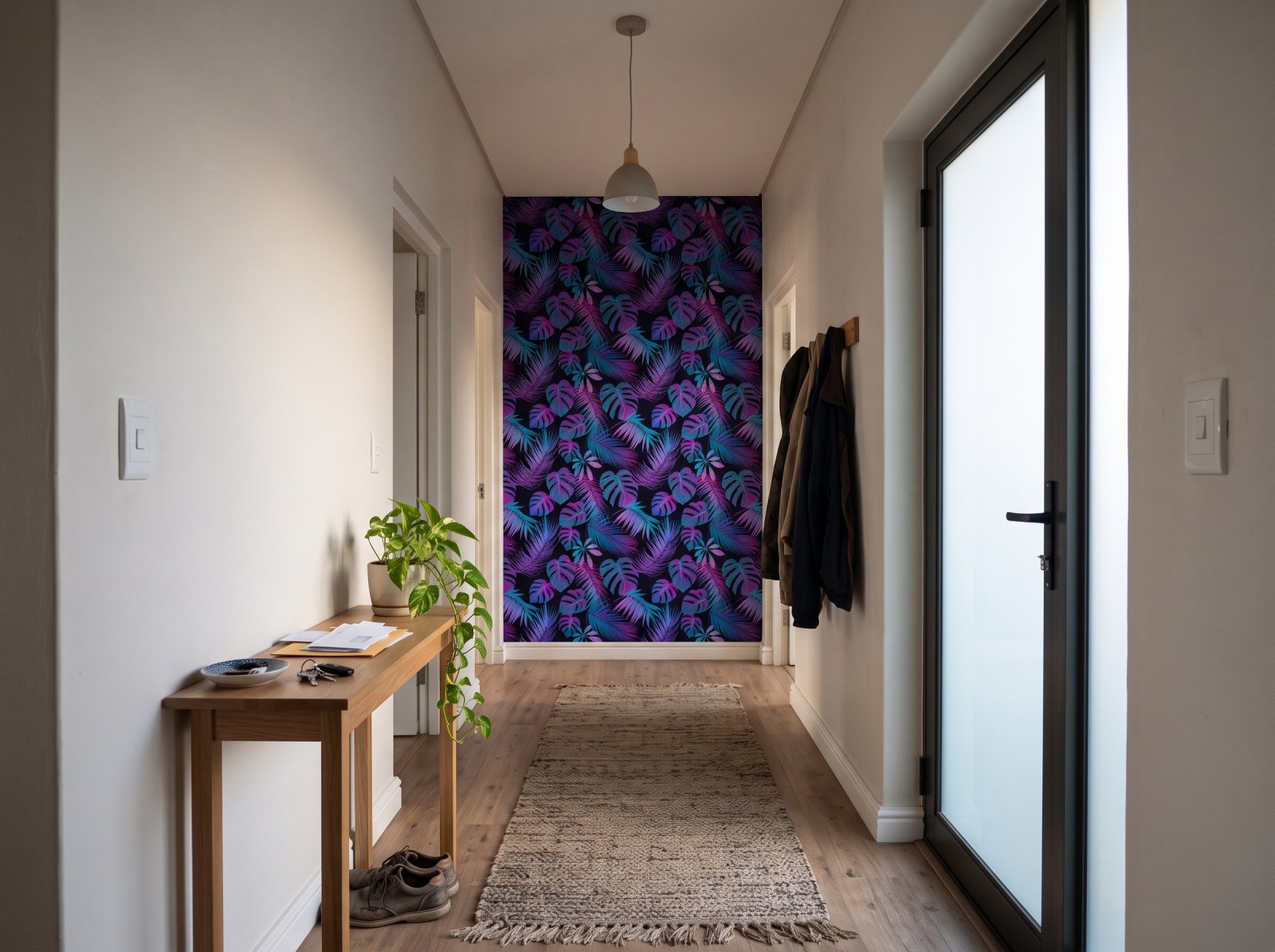 Synthwave Jungle Dark Wallpaper 3 Wallpaper and Wall Murals South Africa Synthwave Jungle Dark Wallpaper shown in a hallway