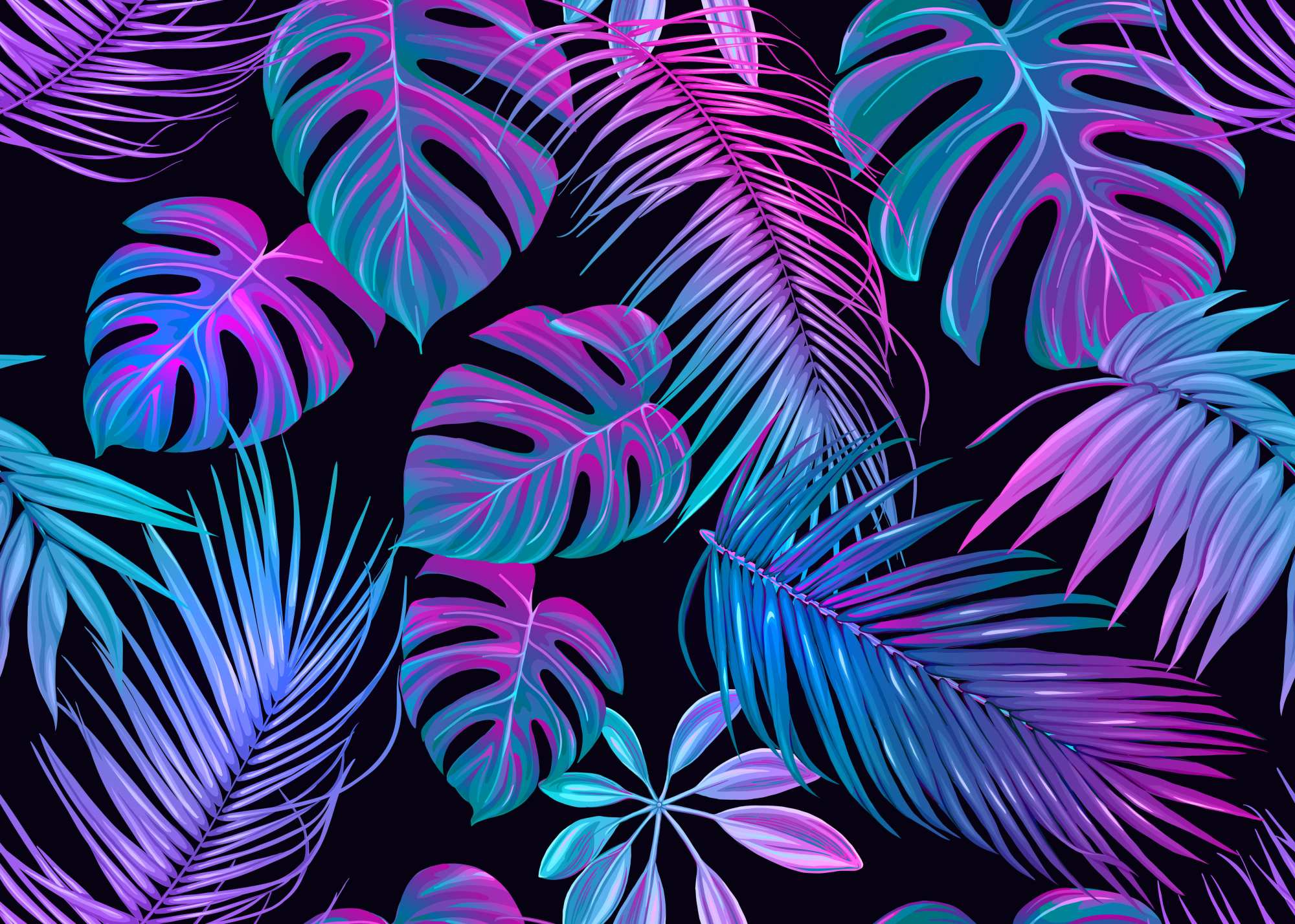 Synthwave Jungle Dark Wallpaper 2 Wallpaper and Wall Murals South Africa Synthwave Jungle Dark Wallpaper, tropical leaves in pink, purple and teal wallpaper - WallpaperOnline