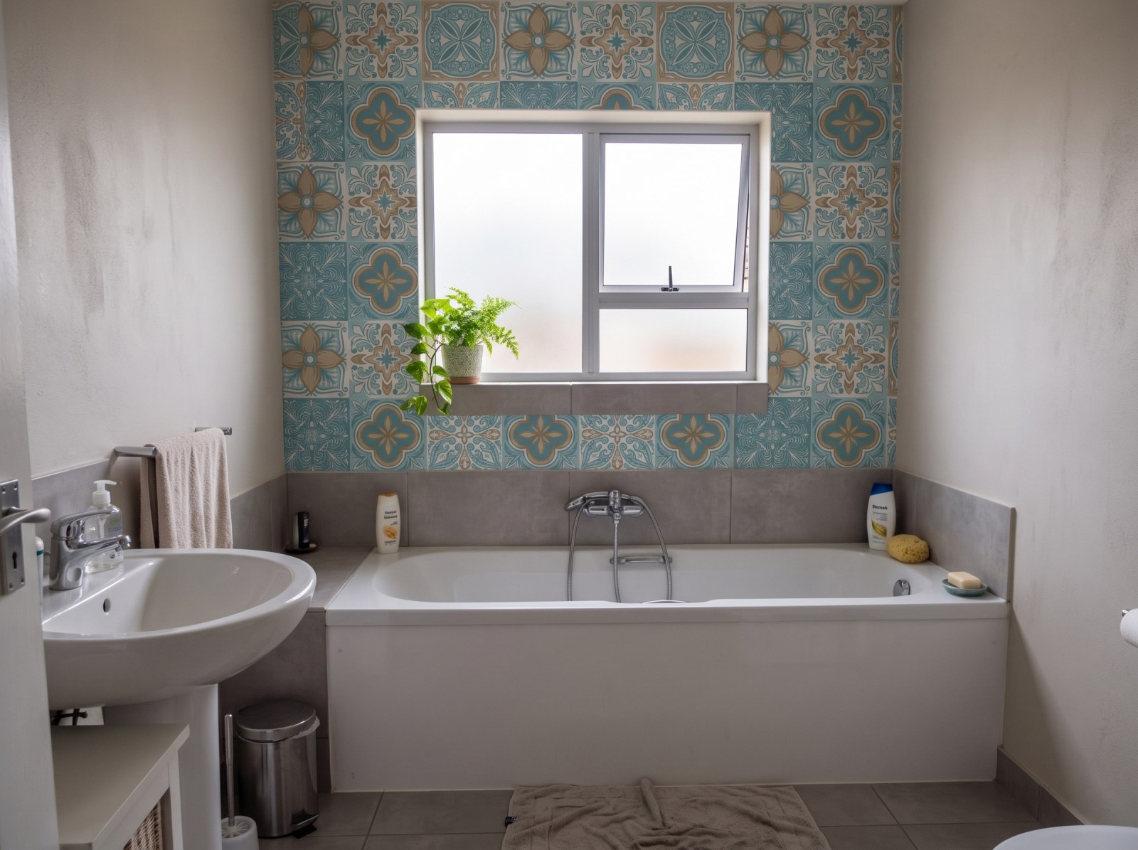 Cerceta Tile Wallpaper 3 Wallpaper and Wall Murals South Africa Cerceta Tile Wallpaper shown in a bathroom