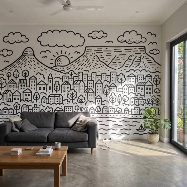 Cape Town Monochrome Doodle Mural shown in a living room
