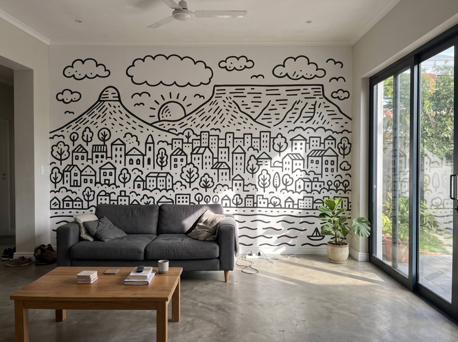 Cape Town Monochrome Doodle Mural 1 Wallpaper and Wall Murals South Africa Cape Town Monochrome Doodle Mural shown in a living room