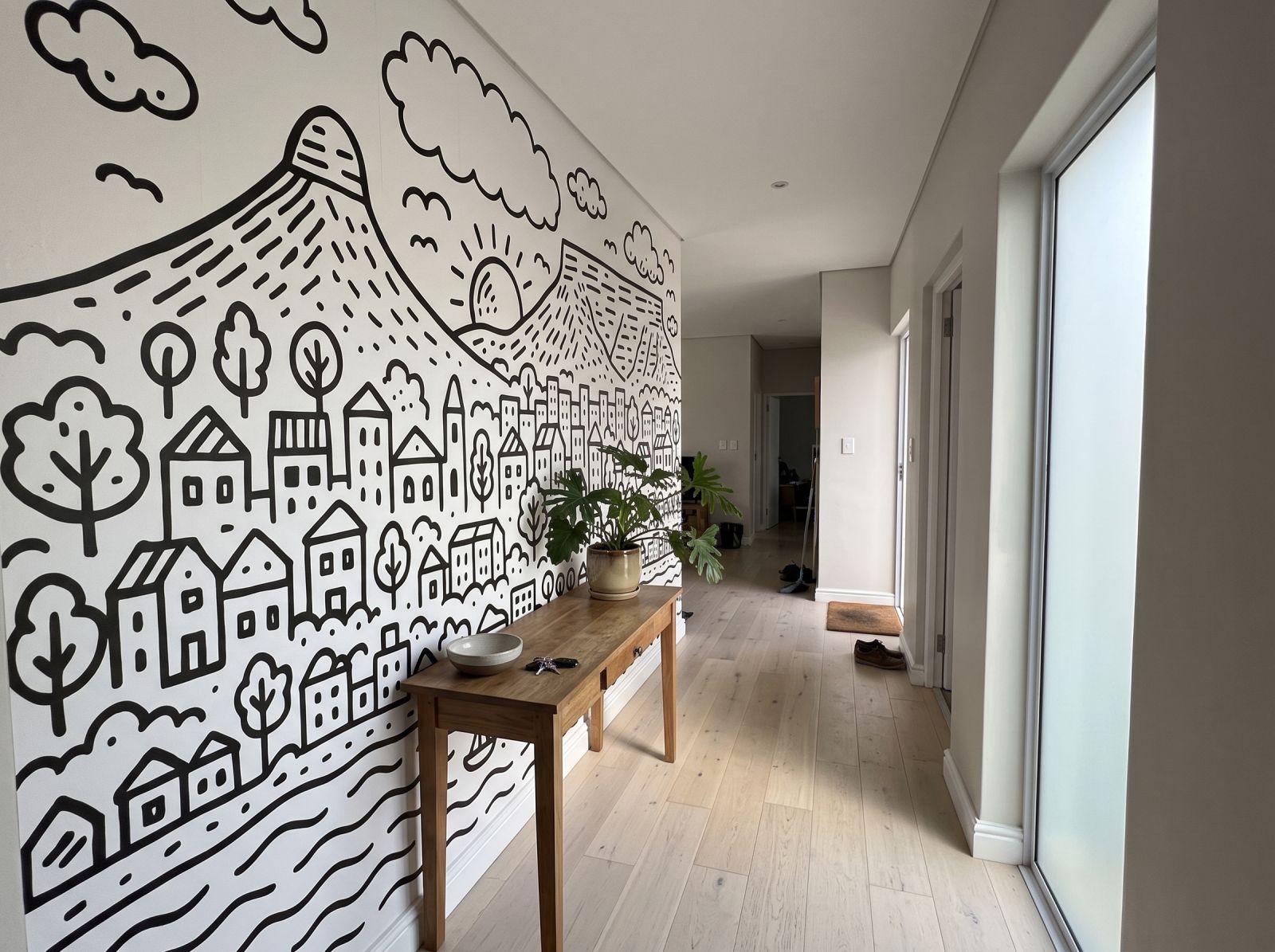 Cape Town Monochrome Doodle Mural 3 Wallpaper and Wall Murals South Africa Cape Town Monochrome Doodle Mural shown in a hallway