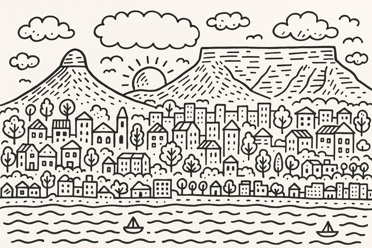 Cape Town Monochrome Doodle Mural 2 Wallpaper and Wall Murals South Africa Cape Town Monochrome Doodle, Cape Town skyline in black and cream mural - WallpaperOnline