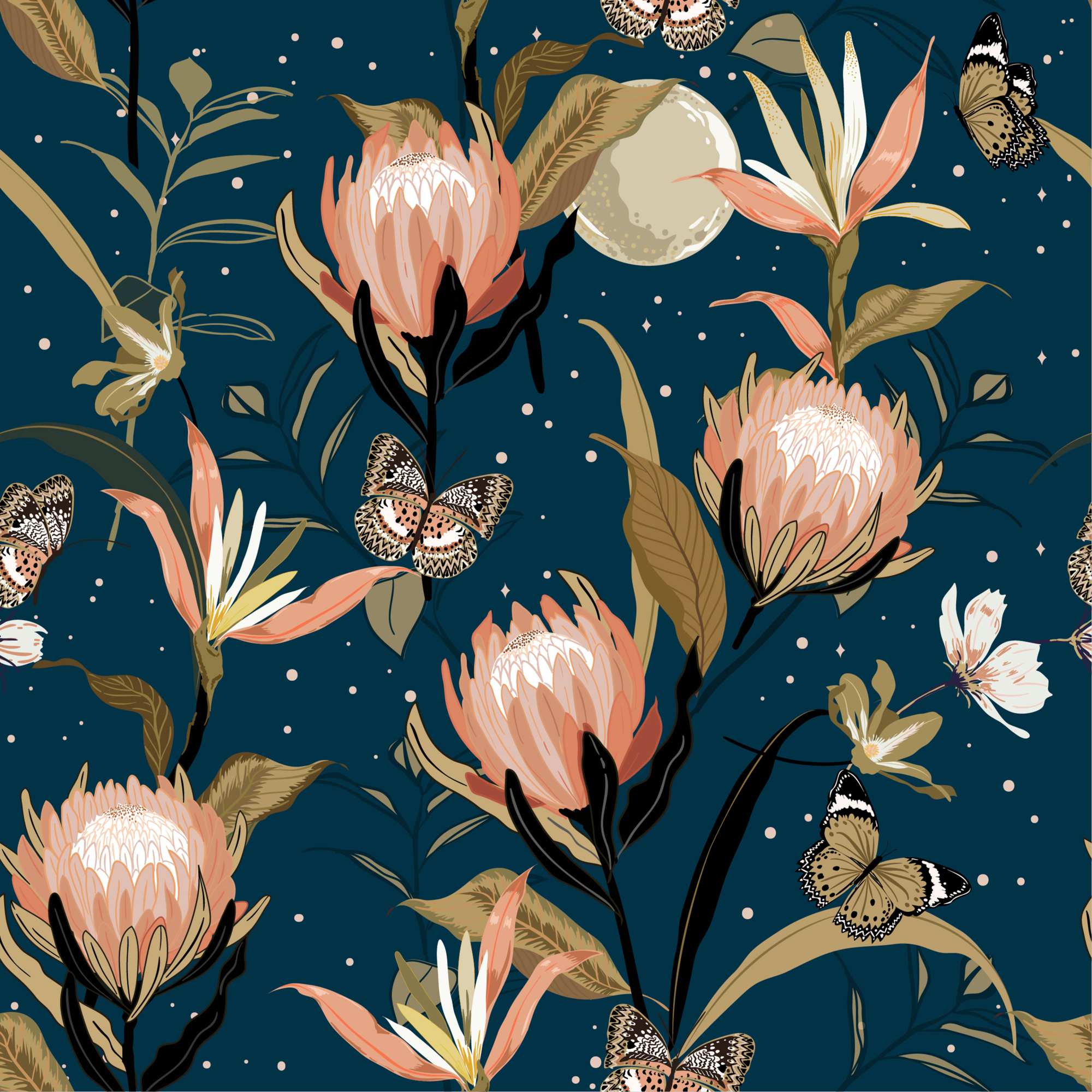 Sugarbushes Wallpaper 2 Wallpaper and Wall Murals South Africa Midnight Protea Garden, protea flowers and moonlit butterflies in navy, peach and olive wallpaper - WallpaperOnline