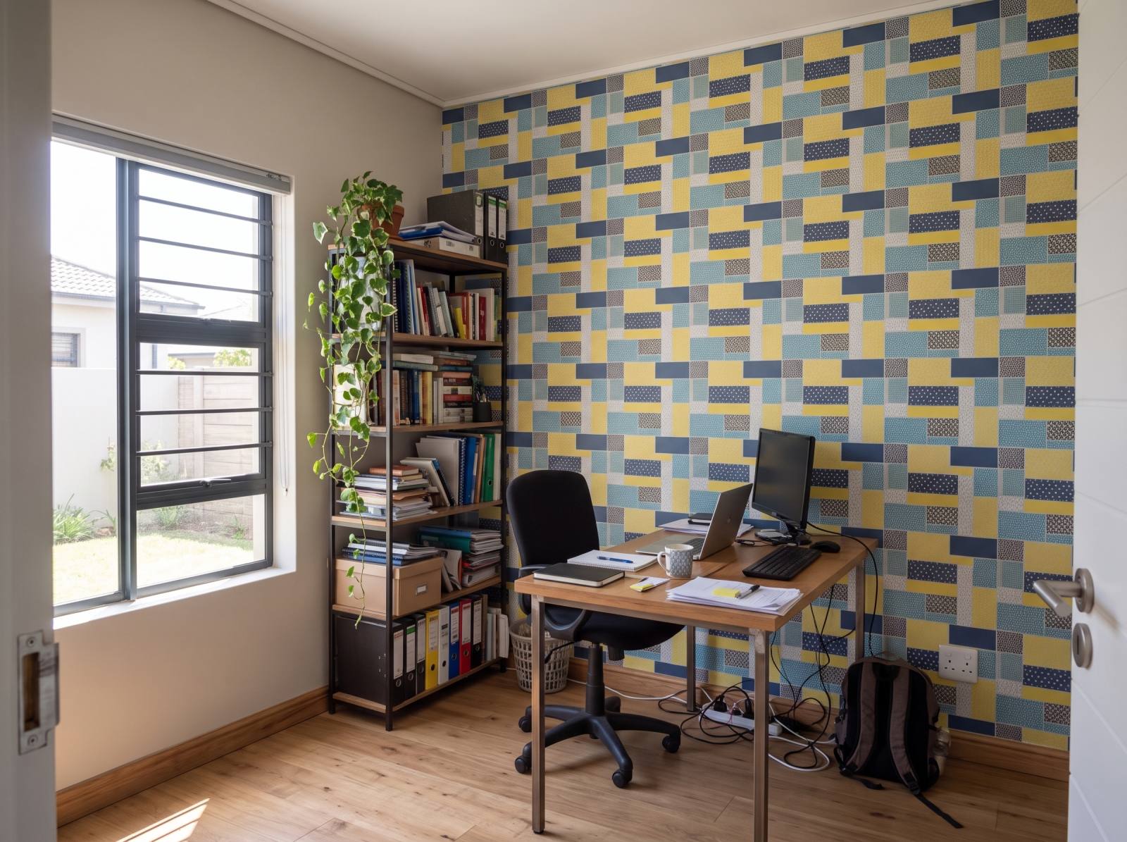 Boho Patchwork Summer Wallpaper 3 Wallpaper and Wall Murals South Africa Boho Patchwork Summer Wallpaper shown in a home office