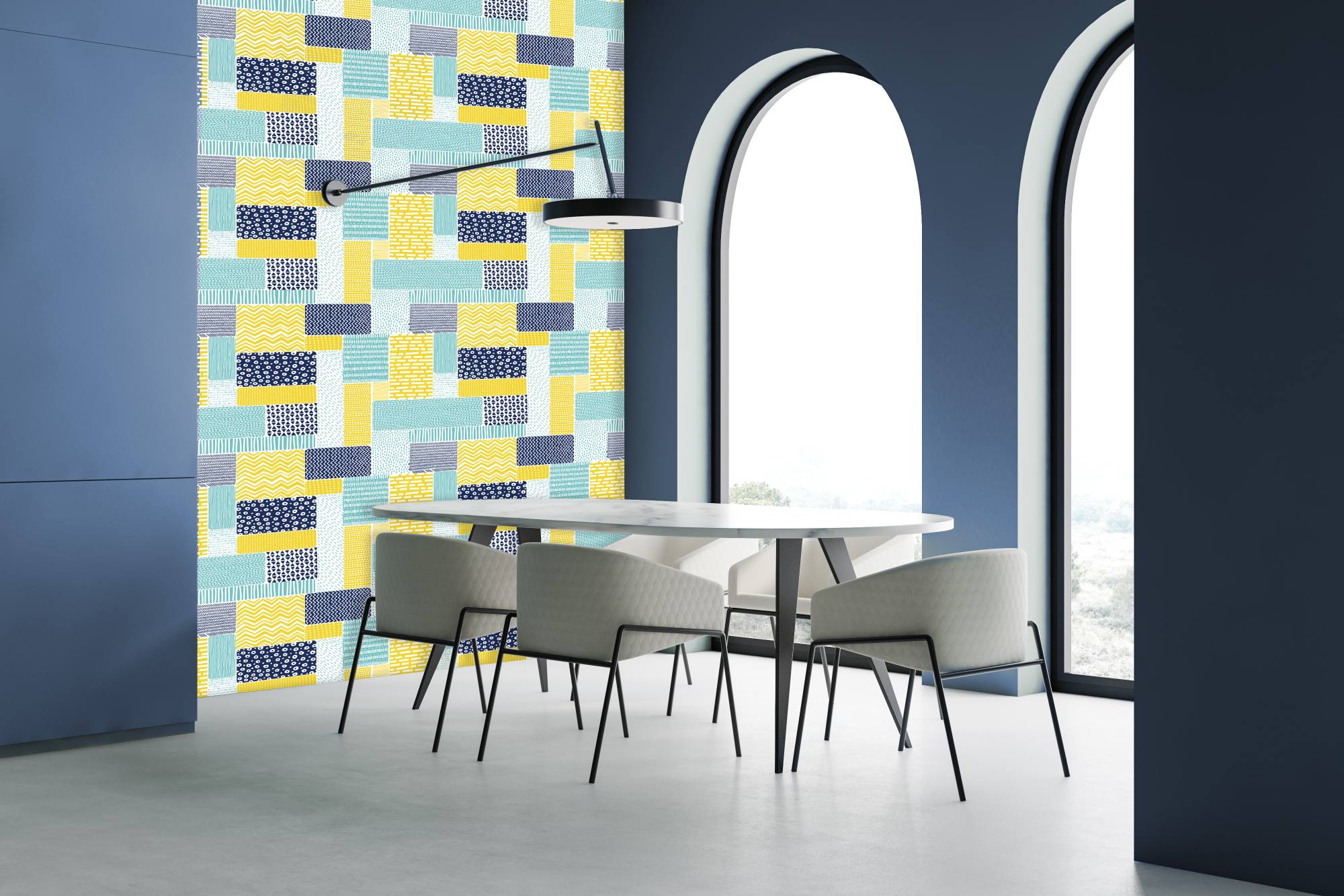 Boho Patchwork Summer Wallpaper 2 Wallpaper and Wall Murals South Africa Boho Patchwork Summer, patchwork rectangles in navy, yellow and turquoise wallpaper - WallpaperOnline