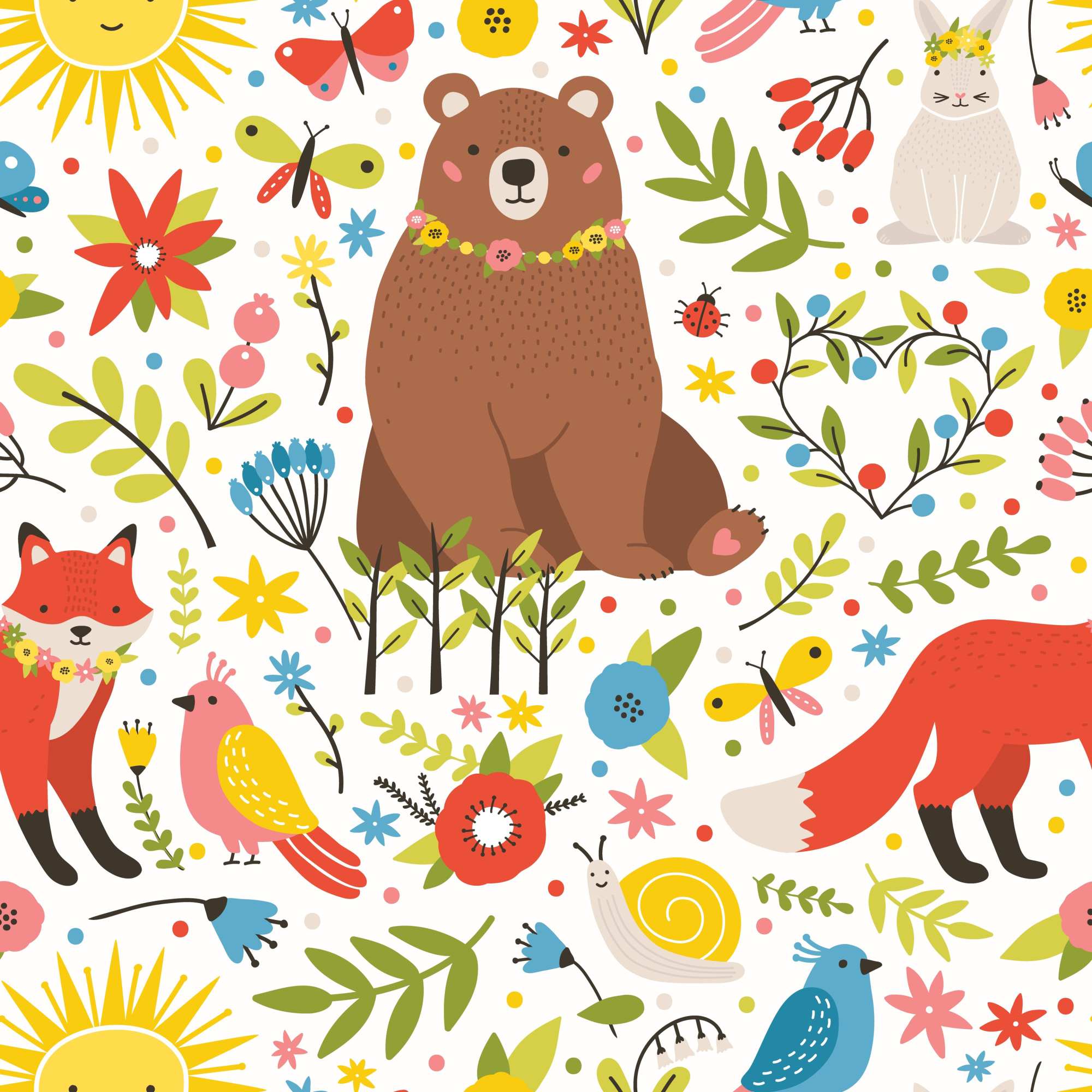 Mr Yogi Wallpaper 2 Wallpaper and Wall Murals South Africa Mr Yogi Wallpaper, bear and woodland animals in red, yellow and green wallpaper - WallpaperOnline
