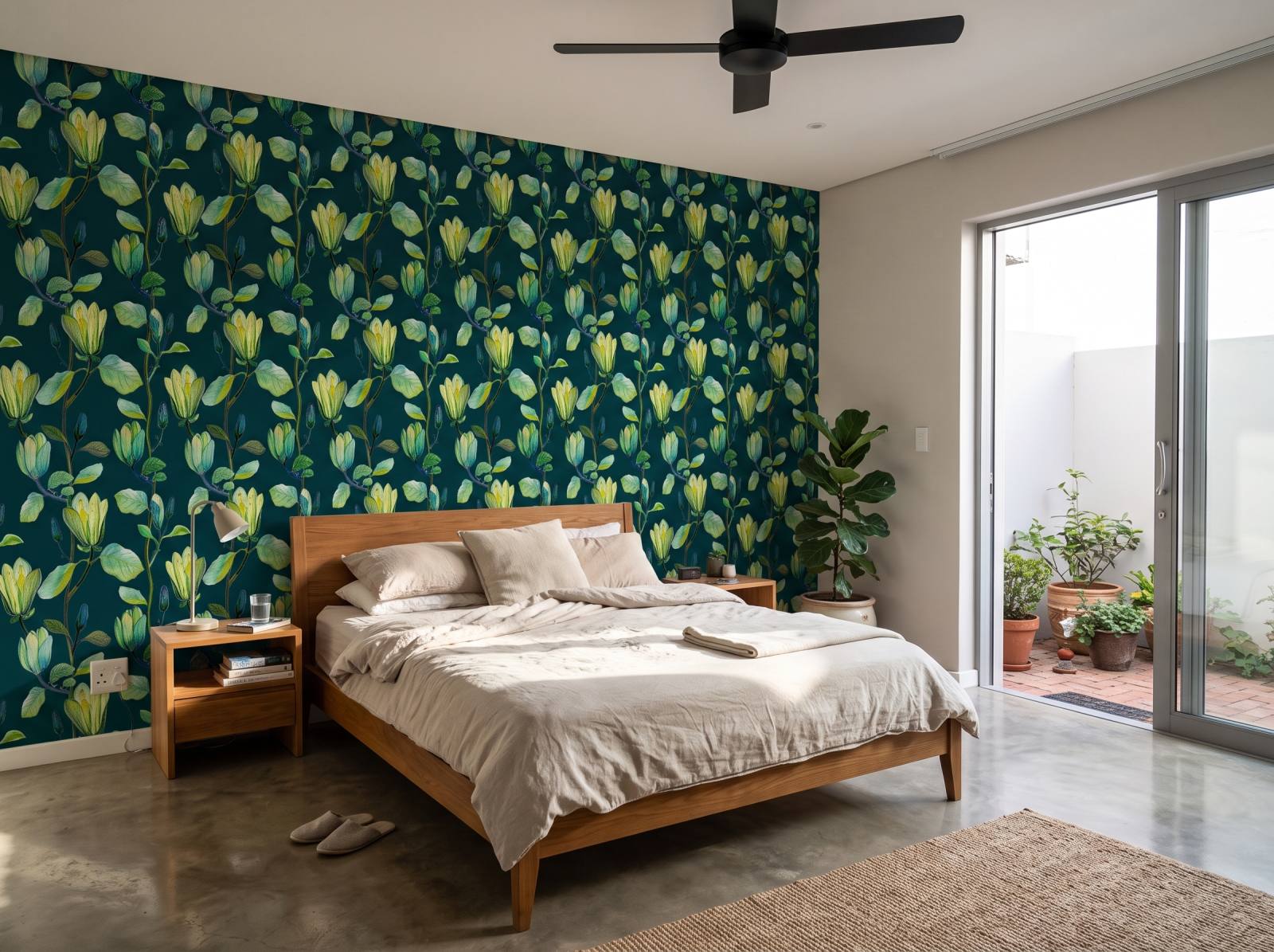 Magnolia Midnight Wallpaper 1 Wallpaper and Wall Murals South Africa Magnolia Midnight Wallpaper shown in a bedroom