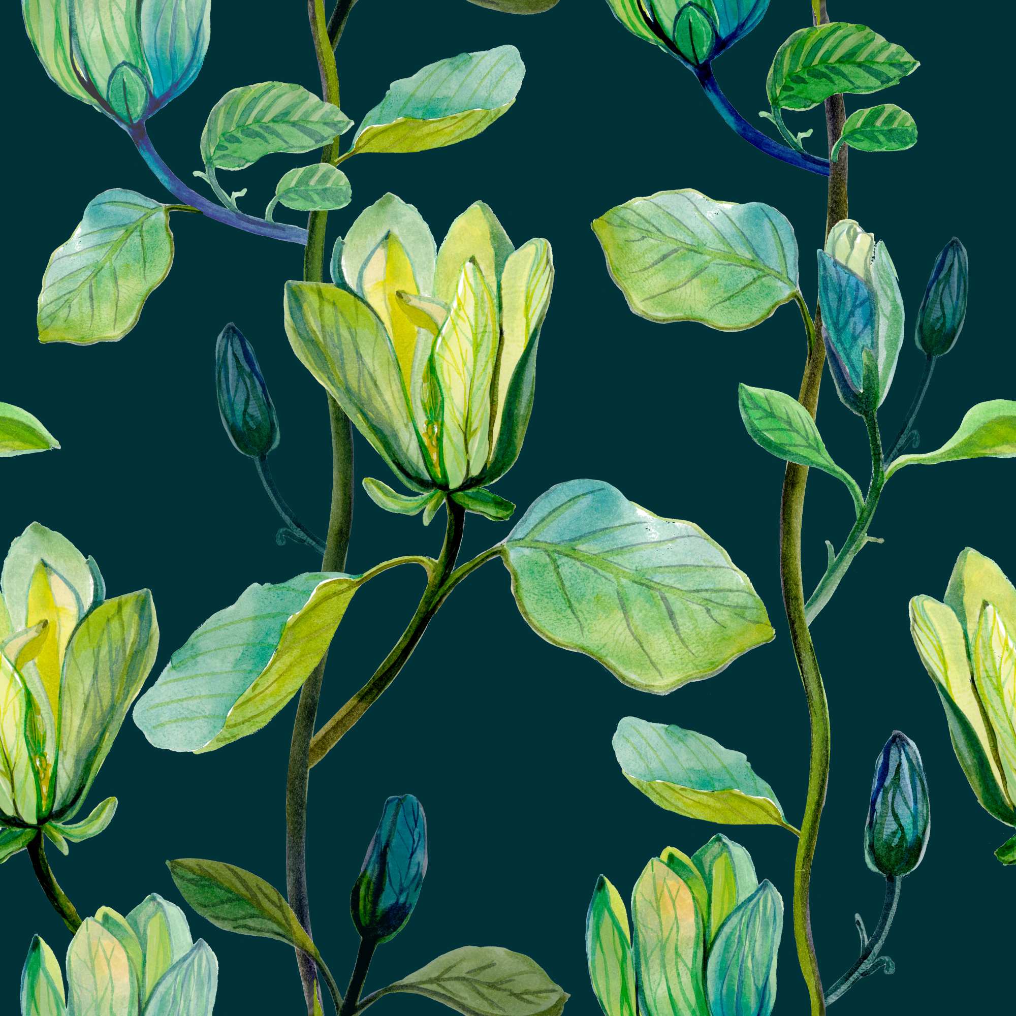 Magnolia Midnight Wallpaper 2 Wallpaper and Wall Murals South Africa Magnolia Midnight Wallpaper, magnolia flowers and foliage in teal and green wallpaper - WallpaperOnline