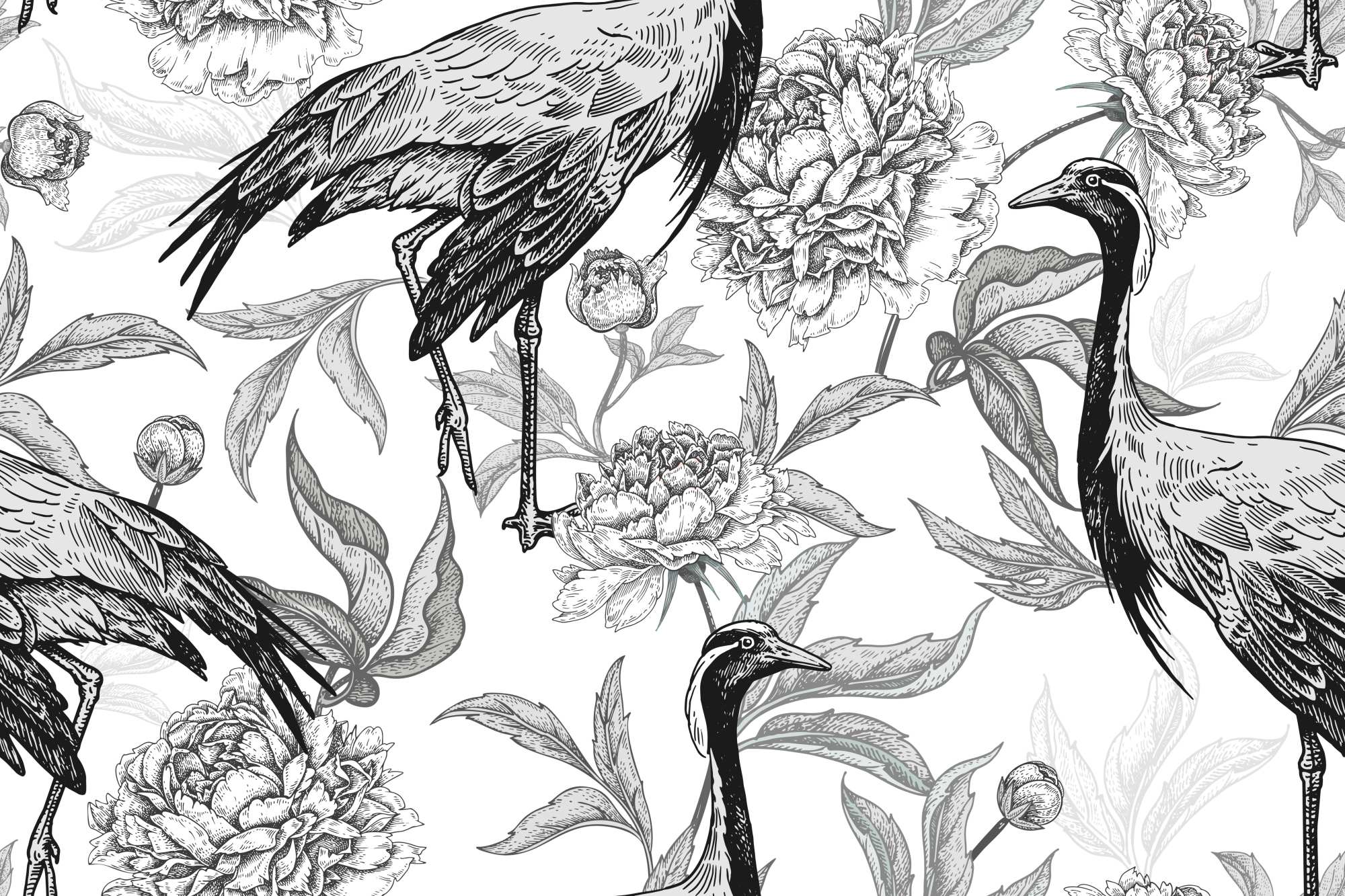 Negative Strides Wallpaper 2 Wallpaper and Wall Murals South Africa Negative Strides Wallpaper, cranes and peonies in black, white and grey wallpaper - WallpaperOnline