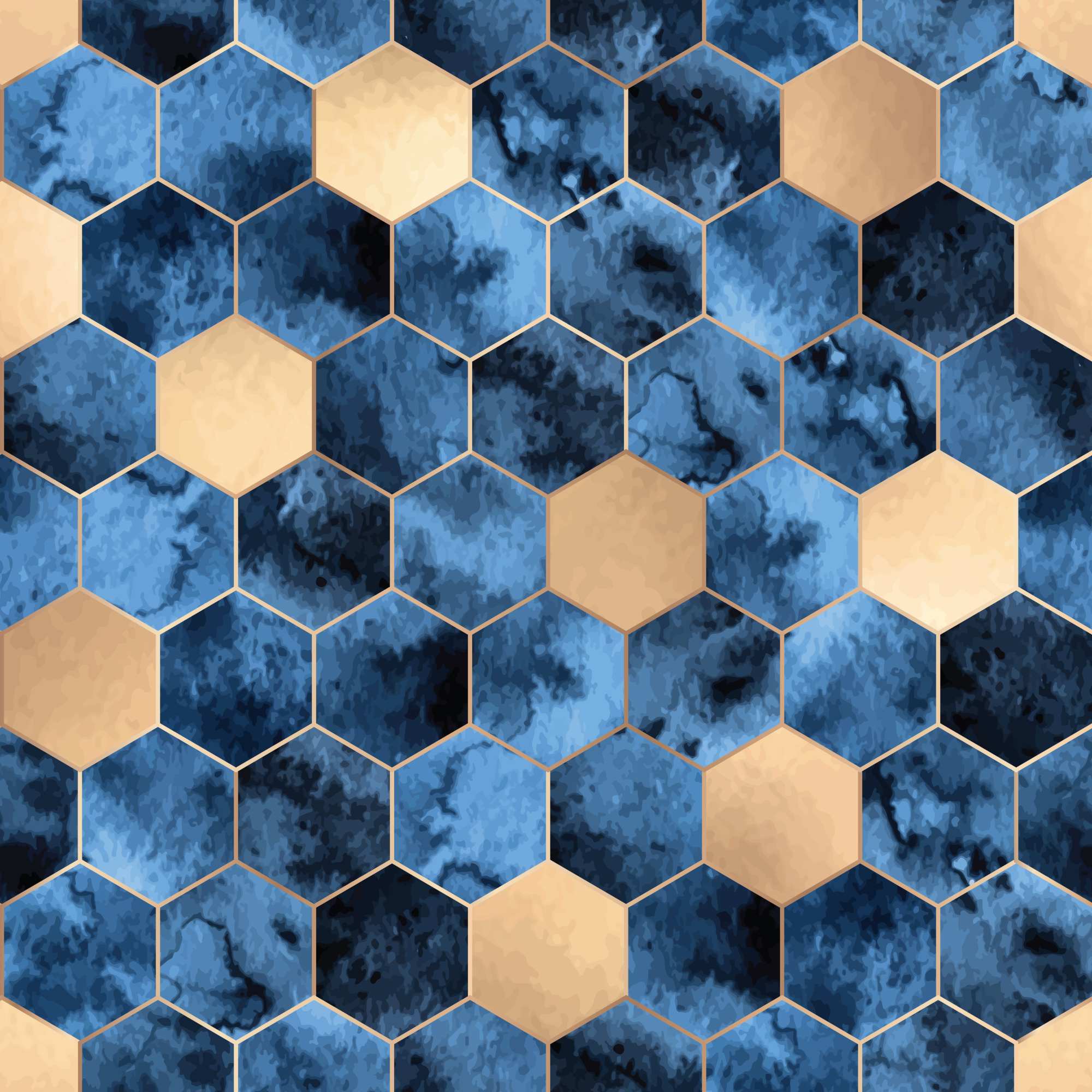 Nightinglae Tile Wallpaper 2 Wallpaper and Wall Murals South Africa Nightingale Tile, hexagon tile pattern in blue and gold wallpaper - WallpaperOnline