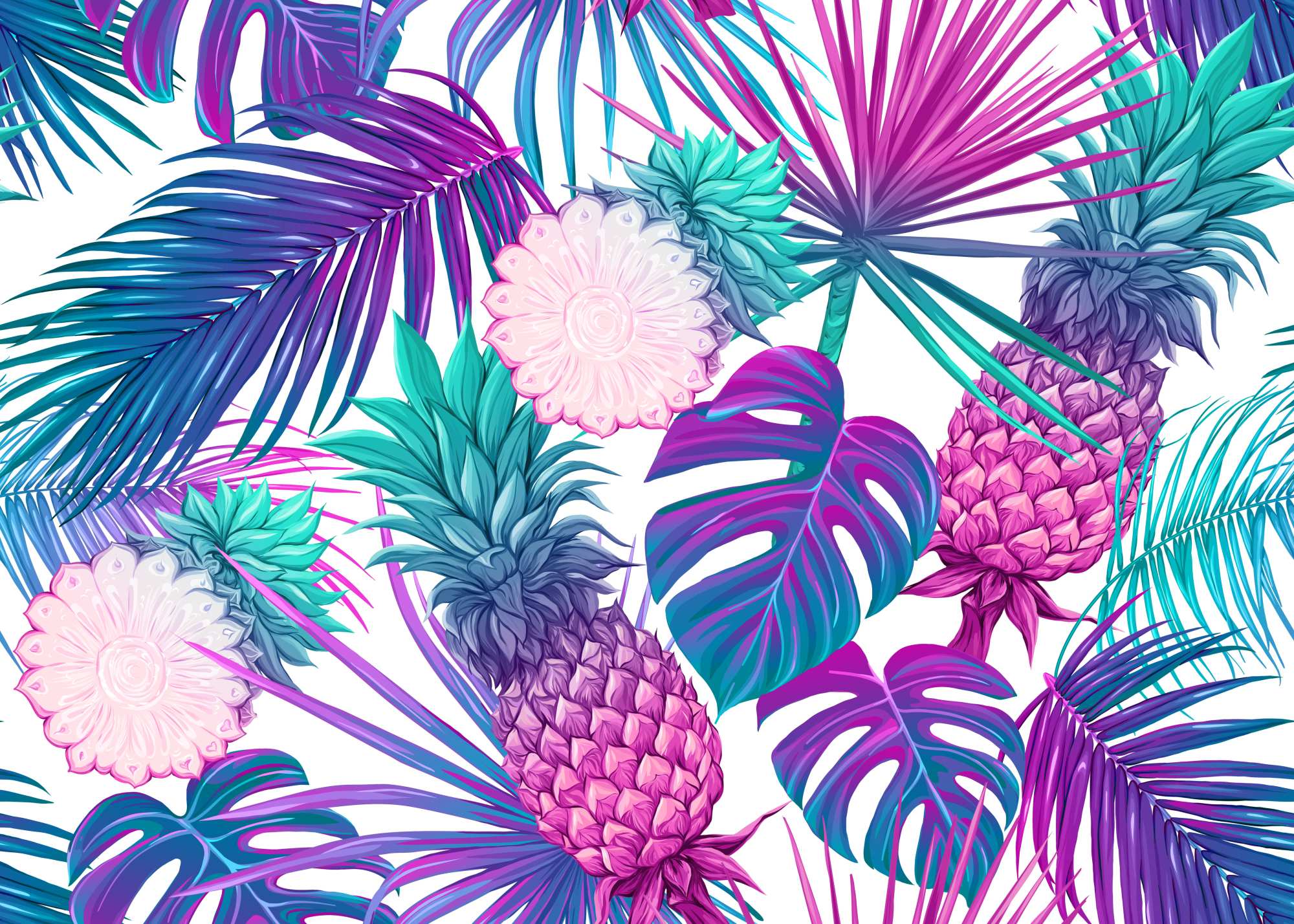 Miami Cocktail Wallpaper 2 Wallpaper and Wall Murals South Africa Miami Cocktail, pineapples and palm leaves in pink, teal and purple wallpaper - WallpaperOnline