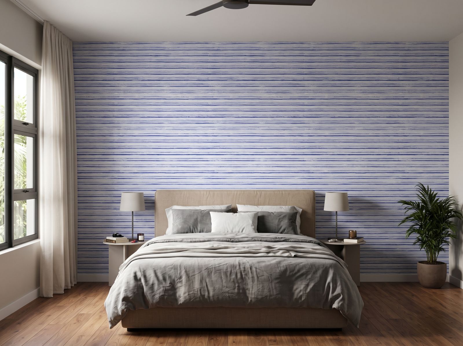 Indigo Gouache Stripes Wallpaper 1 Wallpaper and Wall Murals South Africa Indigo Gouache Stripes Wallpaper shown in a bedroom