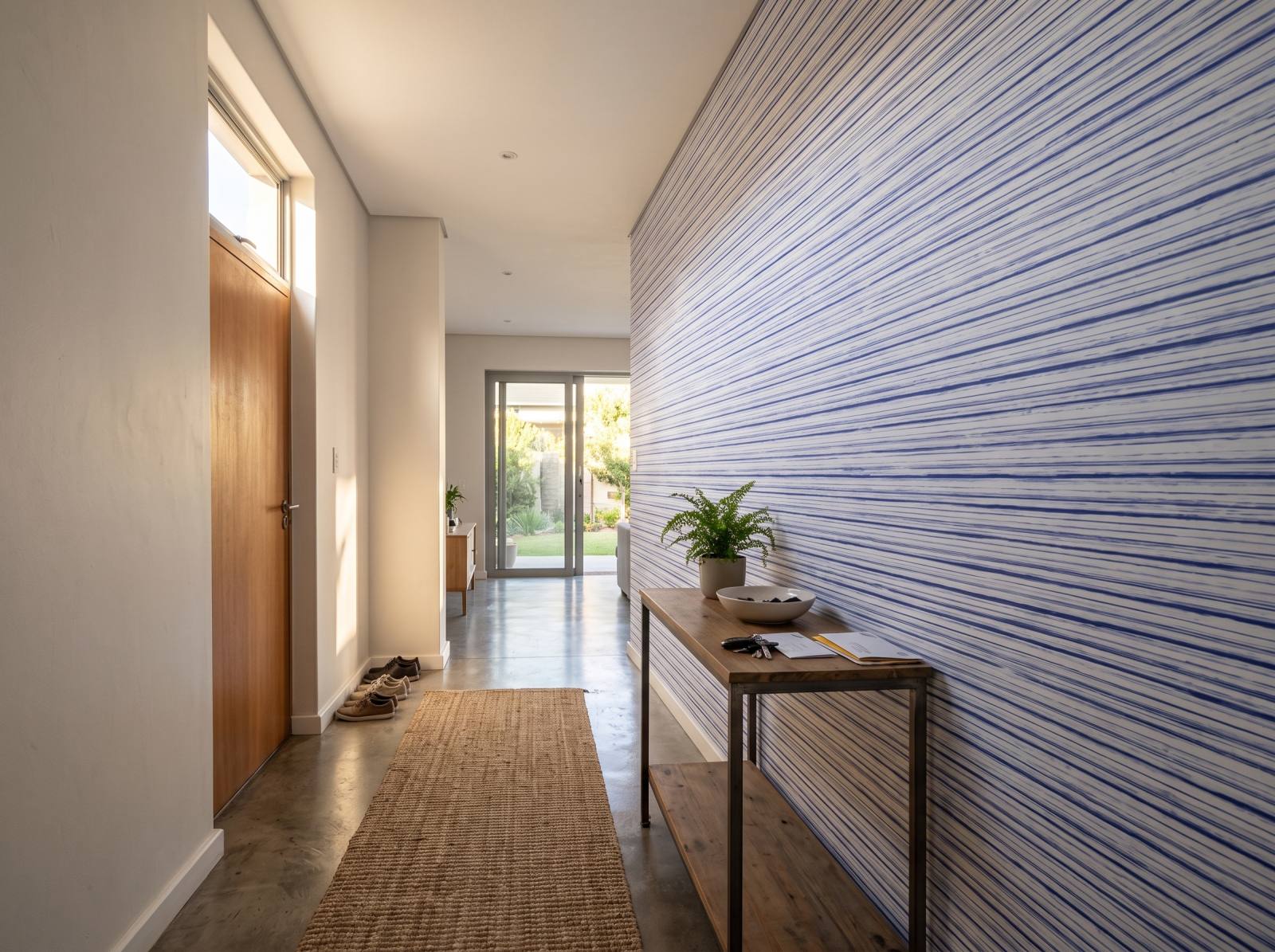 Indigo Gouache Stripes Wallpaper 3 Wallpaper and Wall Murals South Africa Indigo Gouache Stripes Wallpaper shown in a hallway