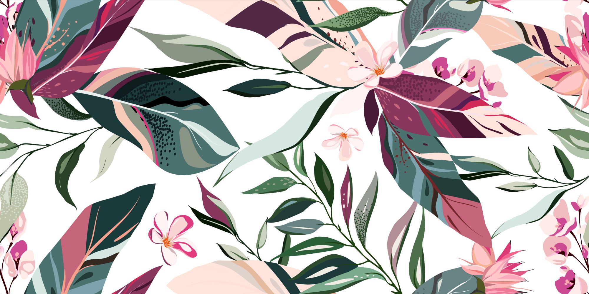 Mural Hanley Floral 2 Wallpaper and Wall Murals South Africa Mural Hanley Floral, tropical leaves and blush flowers in teal, plum and pink mural - WallpaperOnline