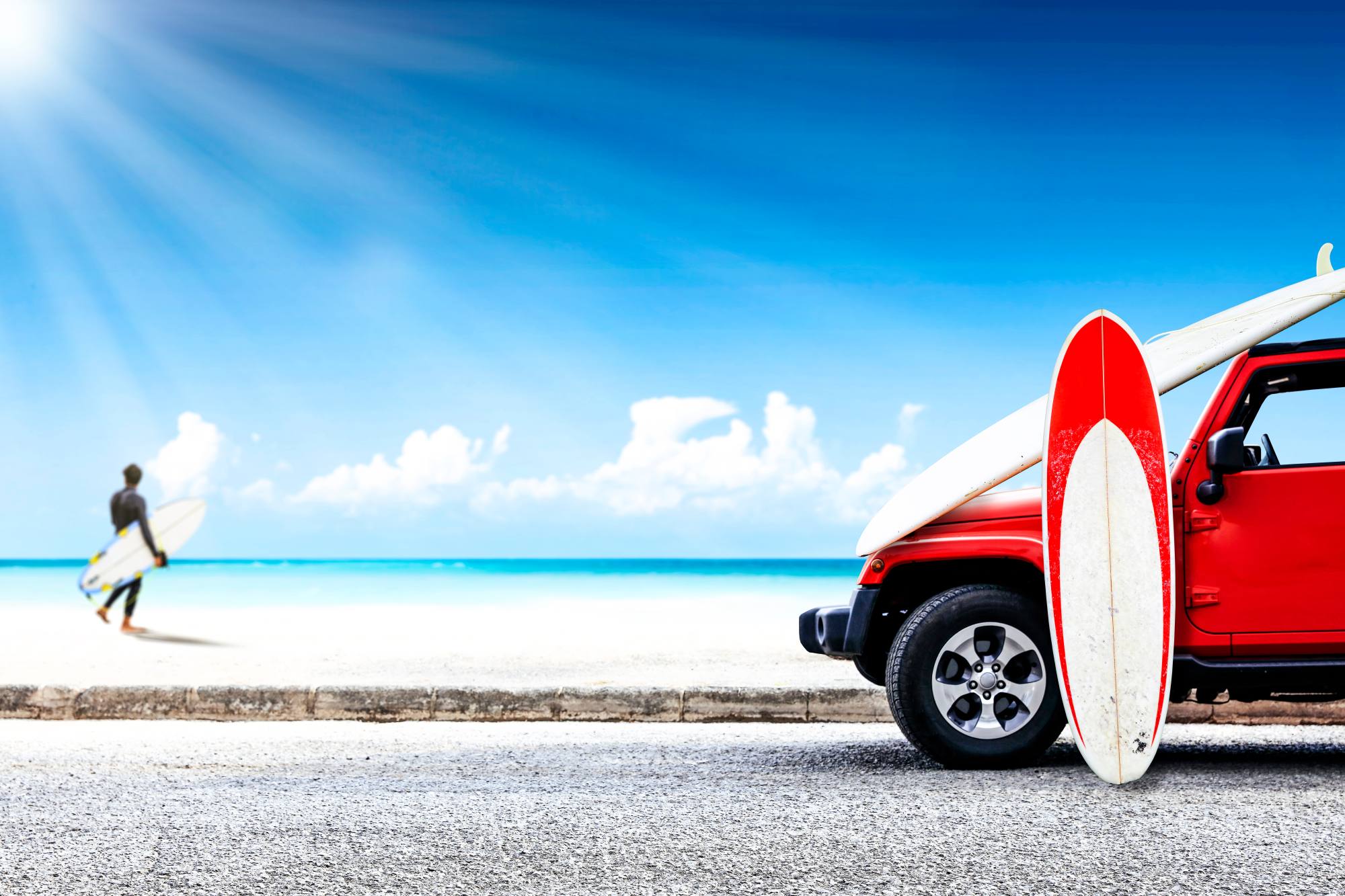 Mural Elemental Rayle 2 Wallpaper and Wall Murals South Africa Mural Elemental Rayle, surfer and red jeep on the beach in blue, white and red mural - WallpaperOnline