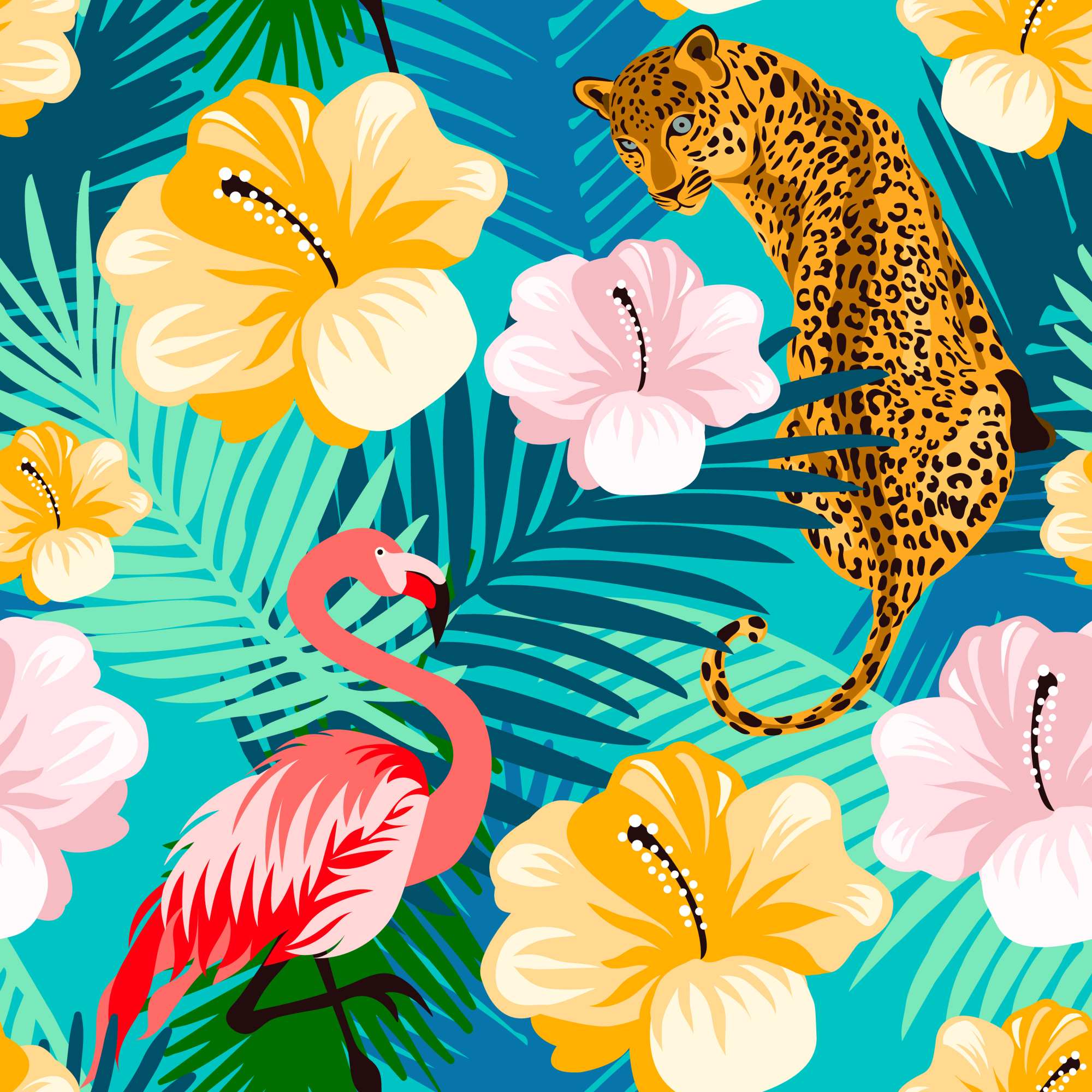 Flapping Cats Wallpaper 2 Wallpaper and Wall Murals South Africa Flapping Cats Wallpaper, leopard and flamingo in teal, yellow and pink wallpaper - WallpaperOnline