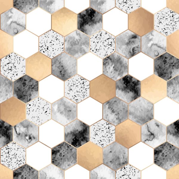 Singstar Tile Wallpaper, hexagon tile pattern in grey, white and gold wallpaper - WallpaperOnline