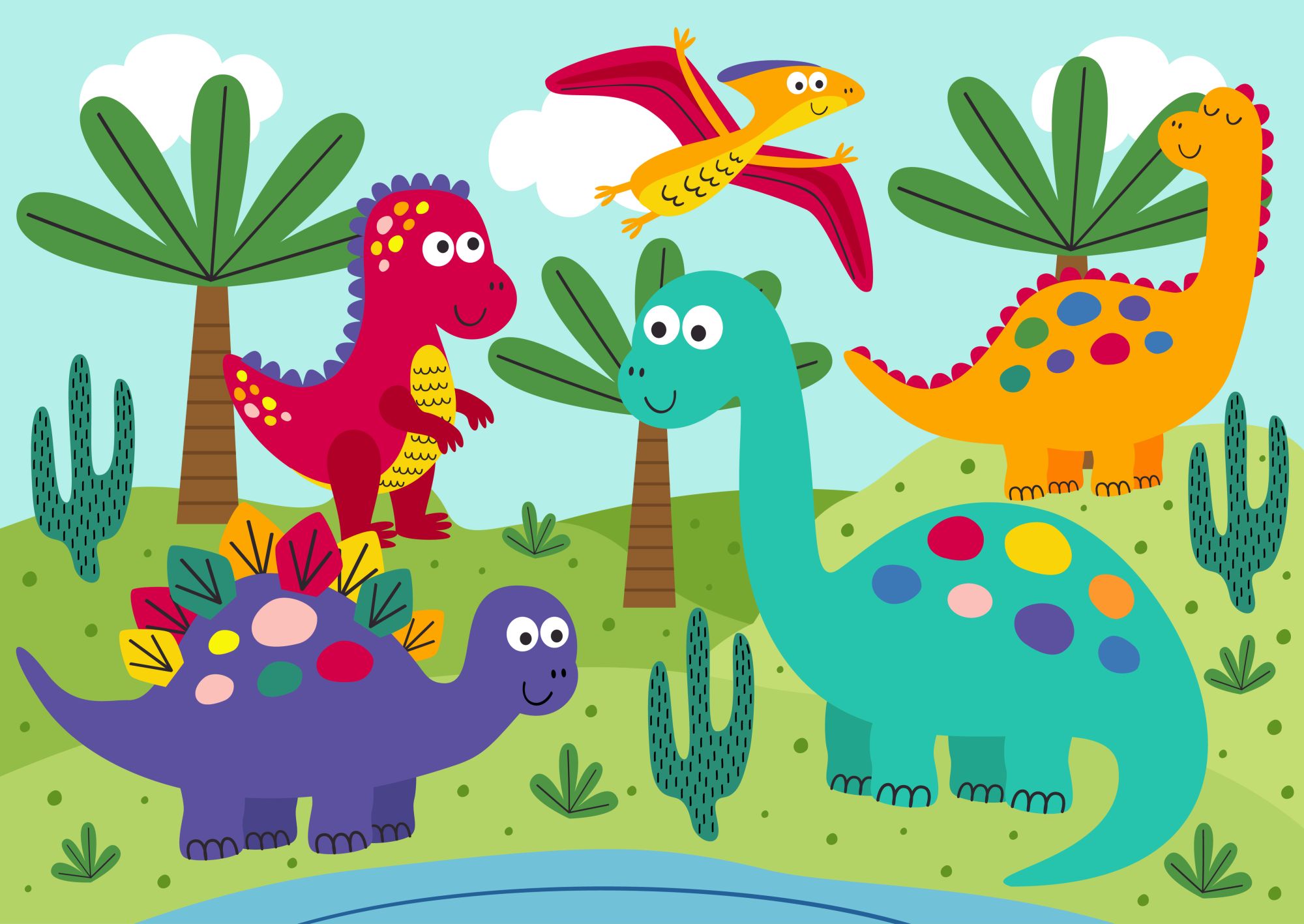 Mural Dino Roar 2 Wallpaper and Wall Murals South Africa Mural Dino Roar, dinosaurs and palm trees in pink, teal and orange mural - WallpaperOnline