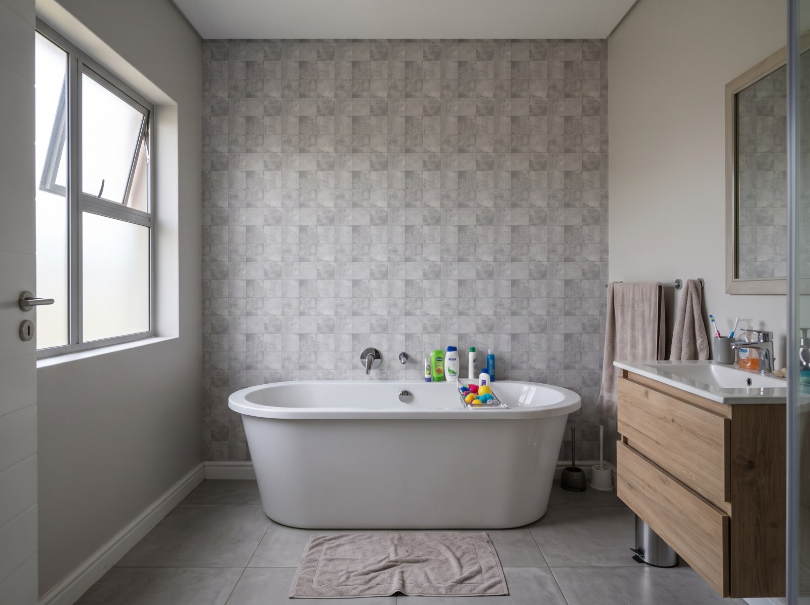 Drada Grey Tile Wallpaper 1 Wallpaper and Wall Murals South Africa Drada Grey Tile Wallpaper shown in a bathroom