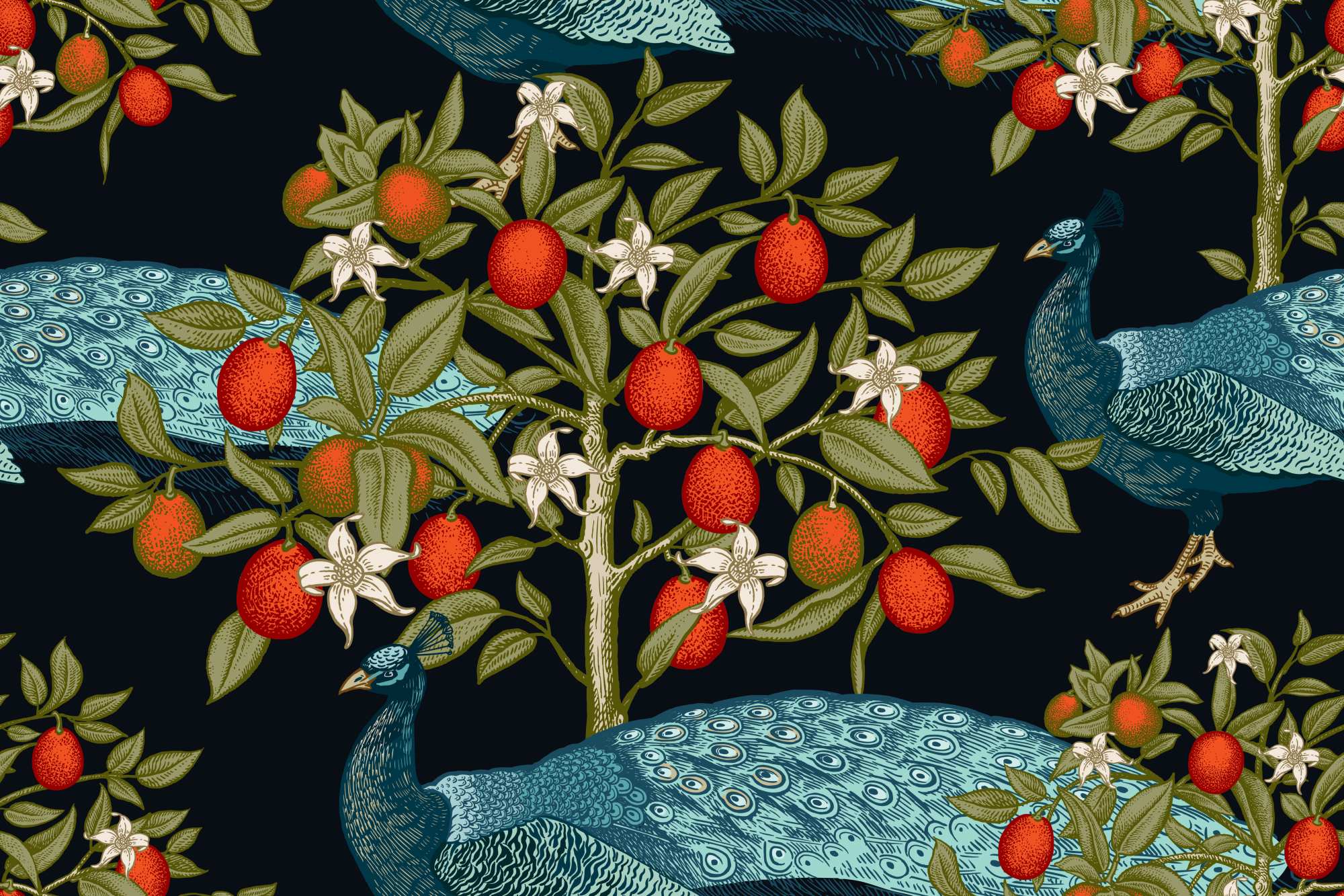 Peafowl West Wallpaper 2 Wallpaper and Wall Murals South Africa Peafowl West, peacocks and fruit trees in navy and teal wallpaper - WallpaperOnline