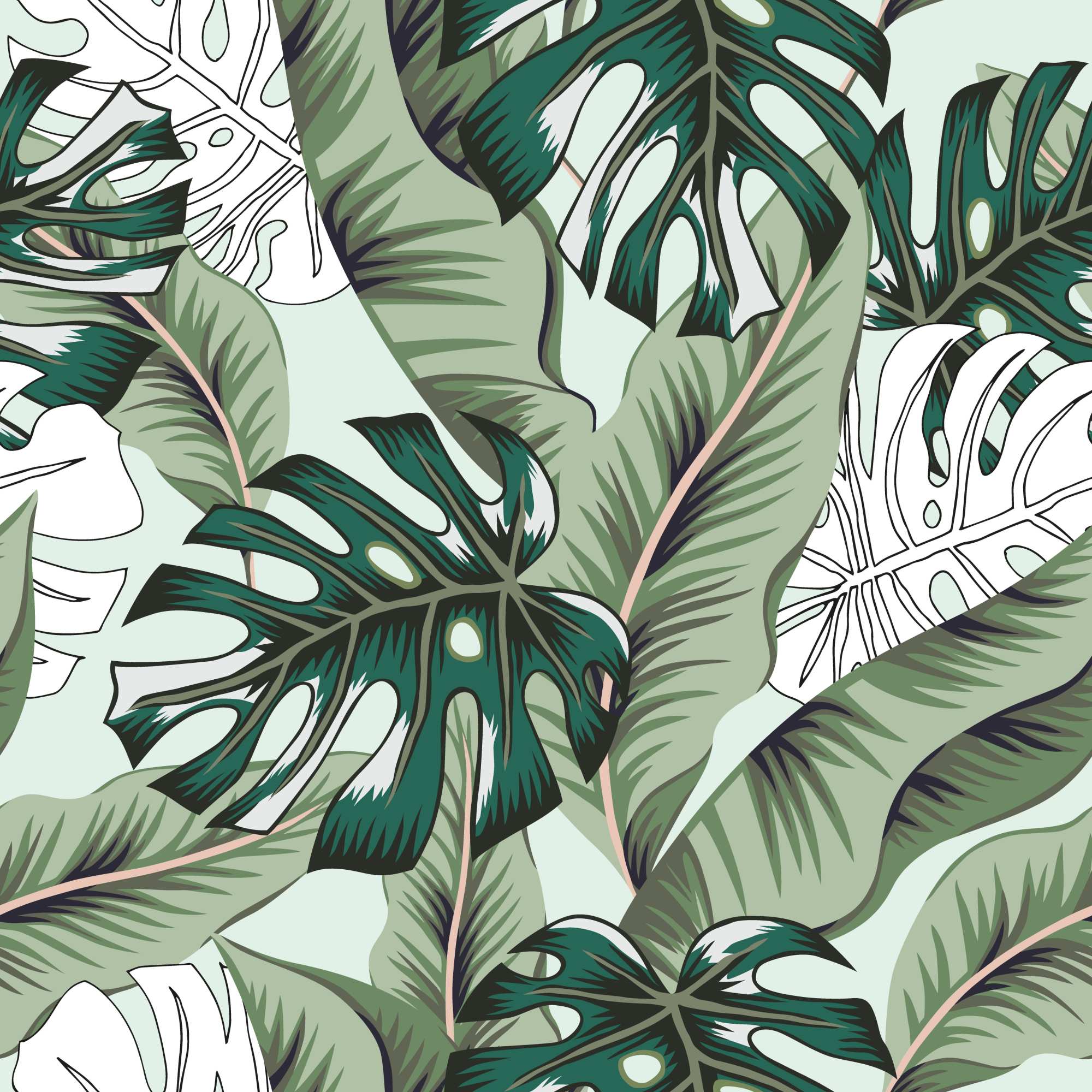 Negative Space Delicious Monster Wallpaper 2 Wallpaper and Wall Murals South Africa Negative Space Monstera, monstera and banana leaves in green and mint wallpaper - WallpaperOnline