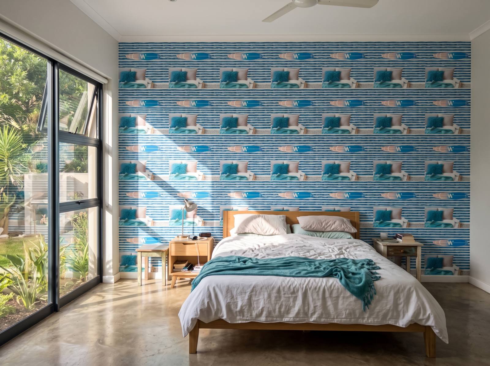 Sea & Sky Gouache Stripes Wallpaper 2 Wallpaper and Wall Murals South Africa Sea & Sky Gouache Stripes Wallpaper shown in a bedroom