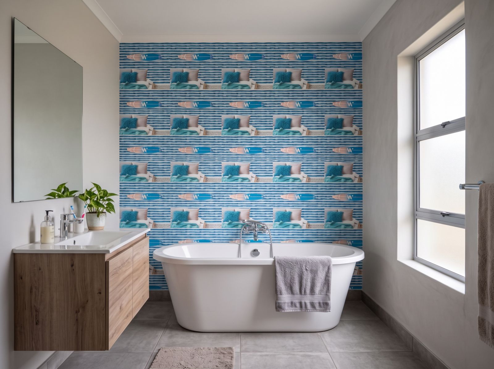 Sea & Sky Gouache Stripes Wallpaper 3 Wallpaper and Wall Murals South Africa Sea & Sky Gouache Stripes Wallpaper shown in a bathroom