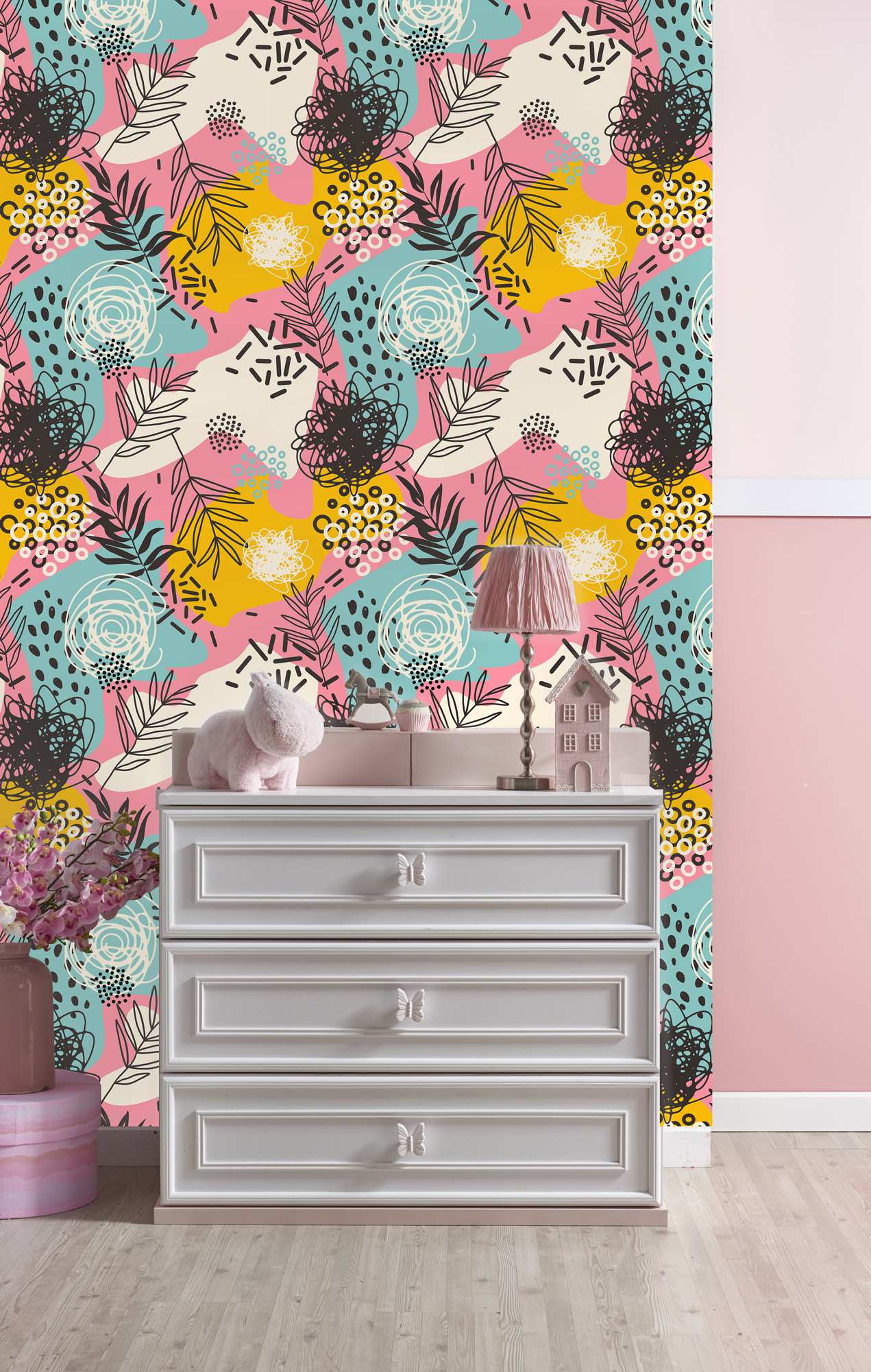 Remolino Wallpaper 2 Wallpaper and Wall Murals South Africa Remolino Wallpaper, abstract shapes with leaf outlines in pink, teal and mustard wallpaper - WallpaperOnline