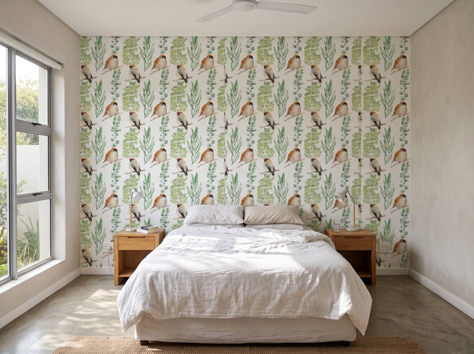 Robin & Leaf Wallpaper 1 Wallpaper and Wall Murals South Africa Robin & Leaf Wallpaper shown in a bedroom