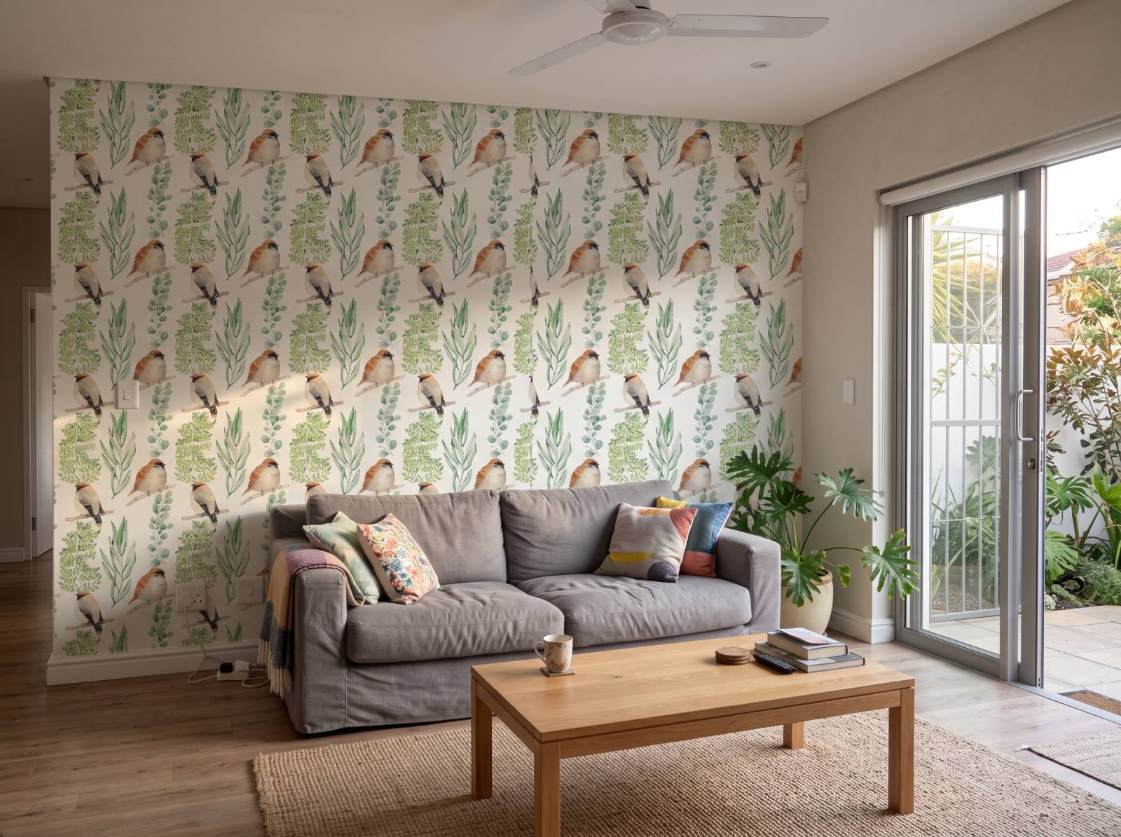 Robin & Leaf Wallpaper 3 Wallpaper and Wall Murals South Africa Robin & Leaf Wallpaper shown in a living room
