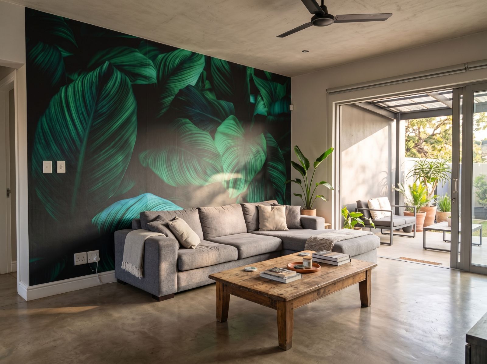 Mural Lara Leaves Dark 1 Wallpaper and Wall Murals South Africa Mural Lara Leaves Dark shown in a living room
