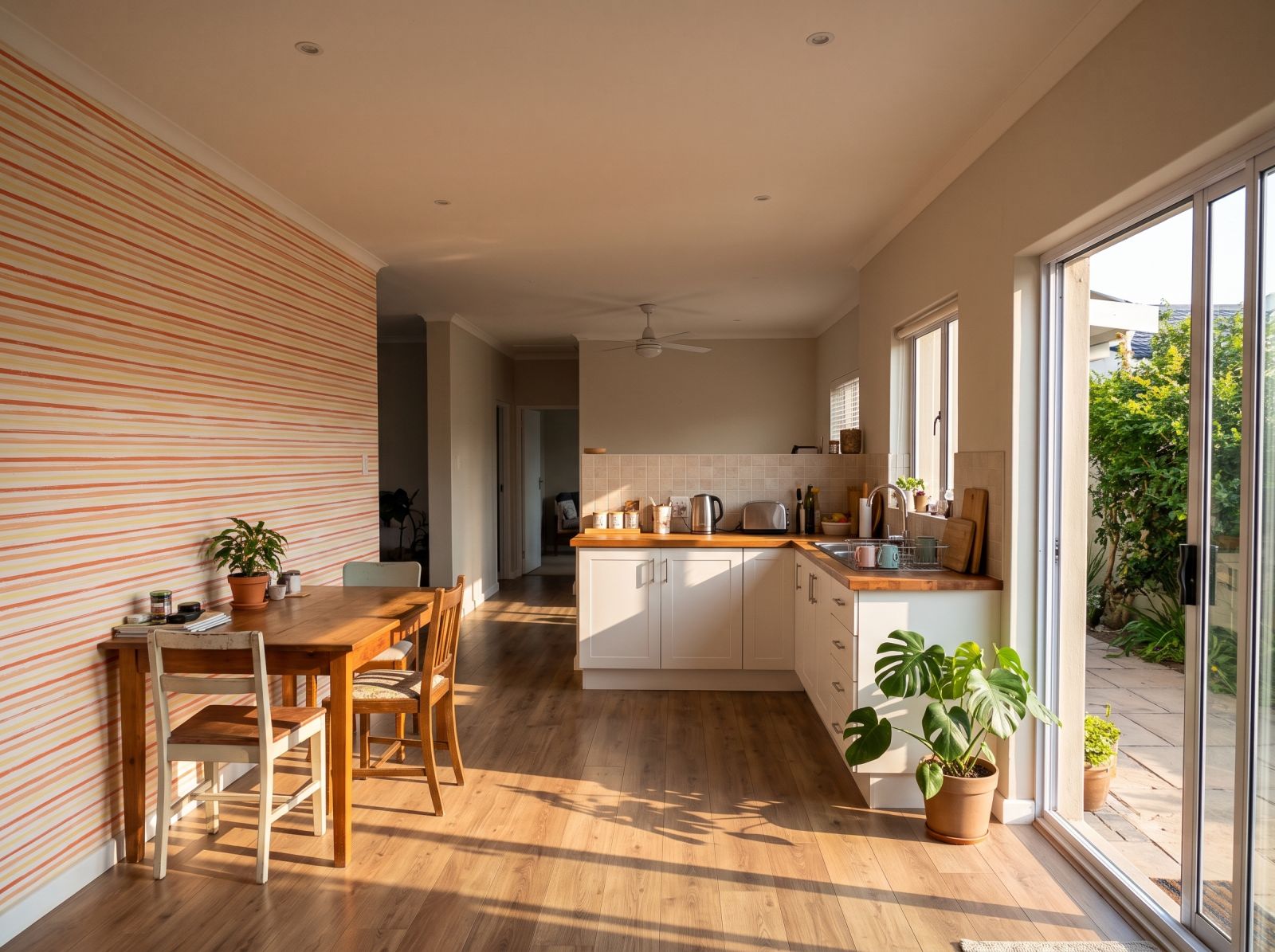 Orange County Gouache Stripes Wallpaper 1 Wallpaper and Wall Murals South Africa Orange County Gouache Stripes Wallpaper shown in a kitchen