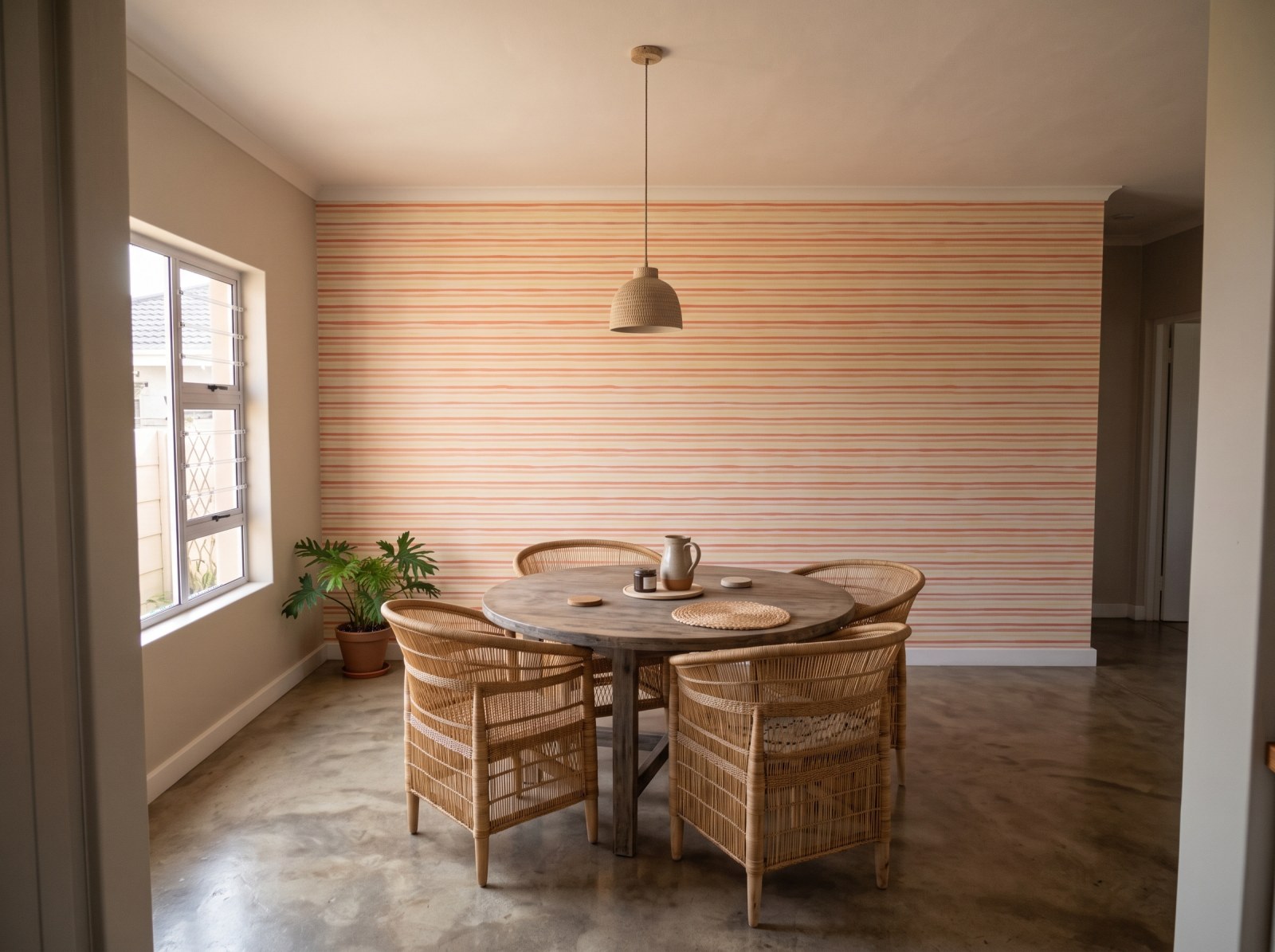 Orange County Gouache Stripes Wallpaper 3 Wallpaper and Wall Murals South Africa Orange County Gouache Stripes Wallpaper shown in a dining room