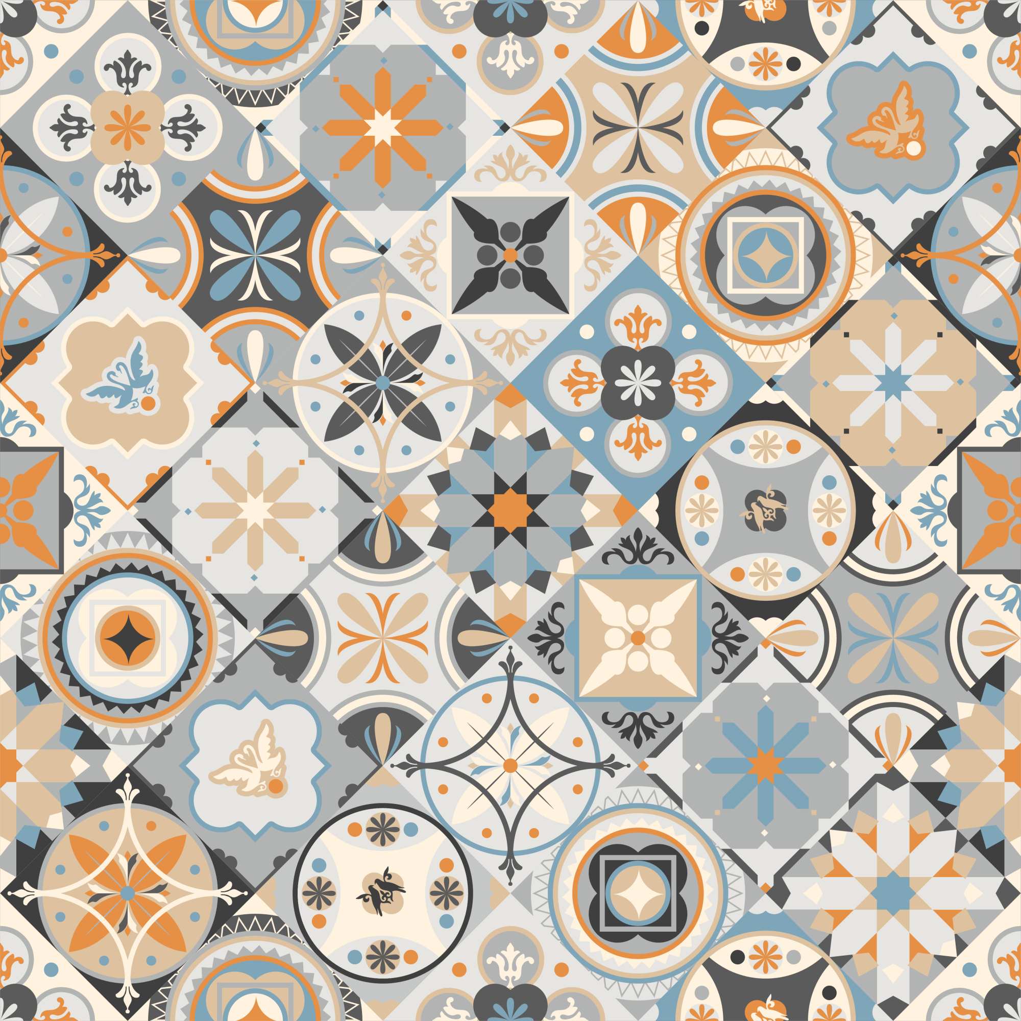 Lindo Tile Wallpaper 2 Wallpaper and Wall Murals South Africa Lindo Tile Wallpaper, tile patchwork in orange, blue-grey and cream wallpaper - WallpaperOnline