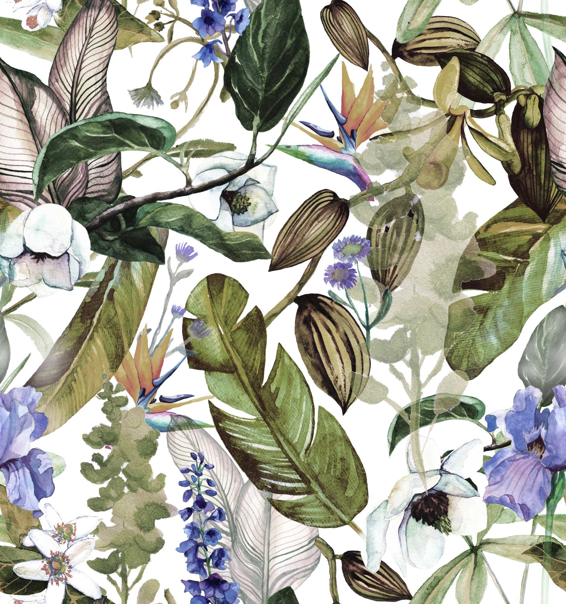 Serene Wallpaper 2 Wallpaper and Wall Murals South Africa Serene Wallpaper, tropical botanical floral print in green, white and purple wallpaper - WallpaperOnline