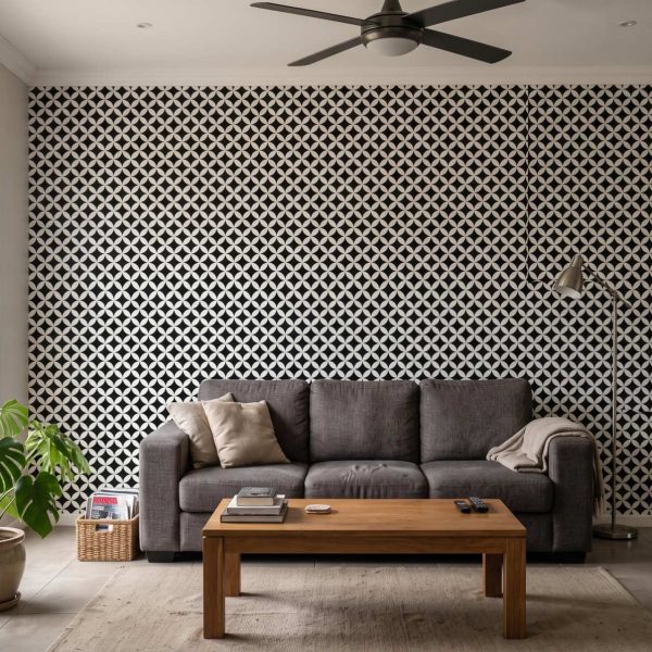 Opposite Tile Wallpaper shown in a living room